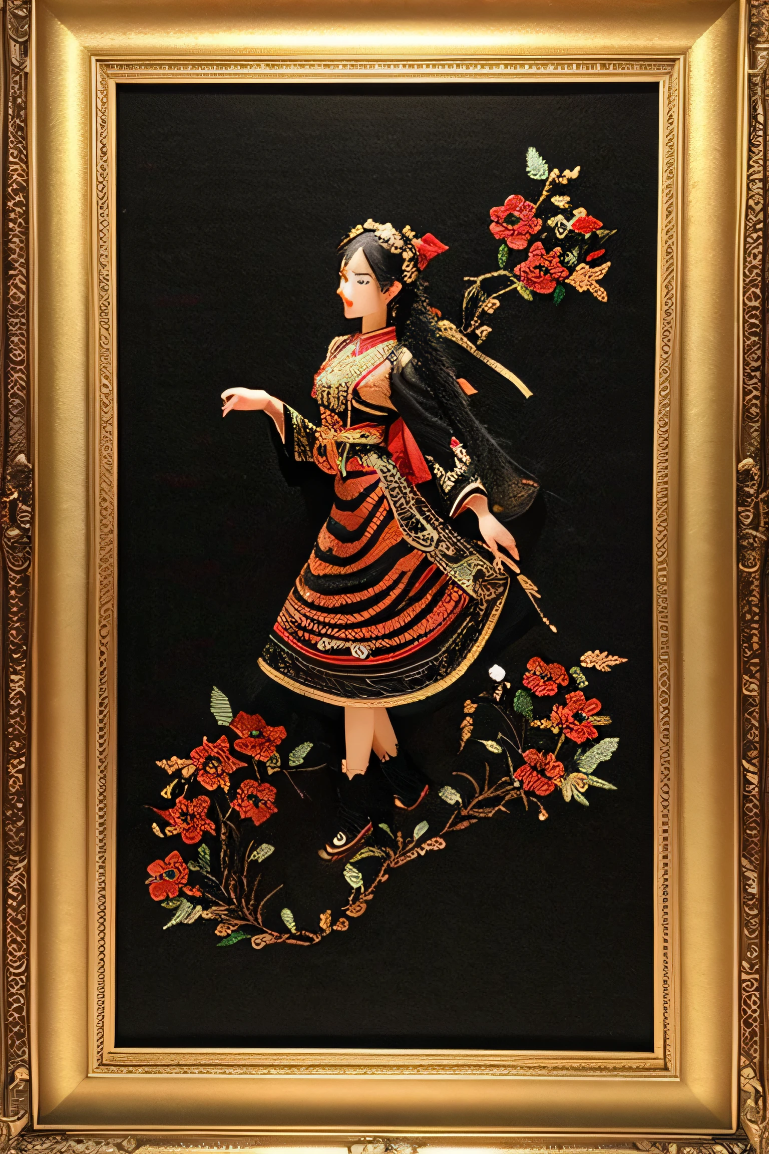 Simple embroidery with walking chinese tiger, embroidery, gold black and red Embroidery thread, black background, on embroidery frame
