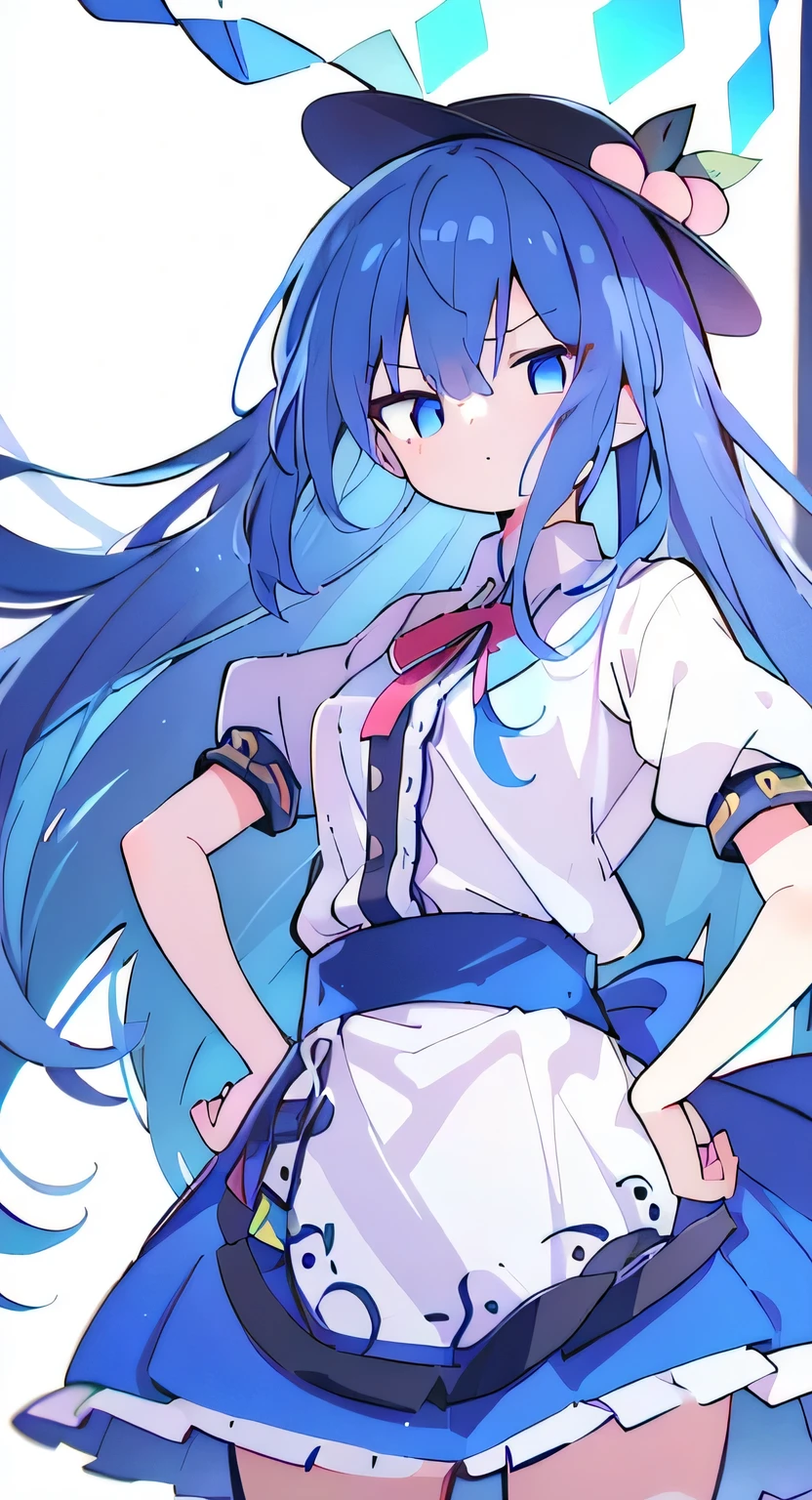 (masterpiece),best quality, expressive eyes, perfect face, 1girl,
hands on waist,beautiful, gorgeous,anime,girl,lora,hinanawi tenshi, blue hair, blue haired, floating clothes,waist grab, grabbing waist, mains sur les hanches , hands on hips,flat chest