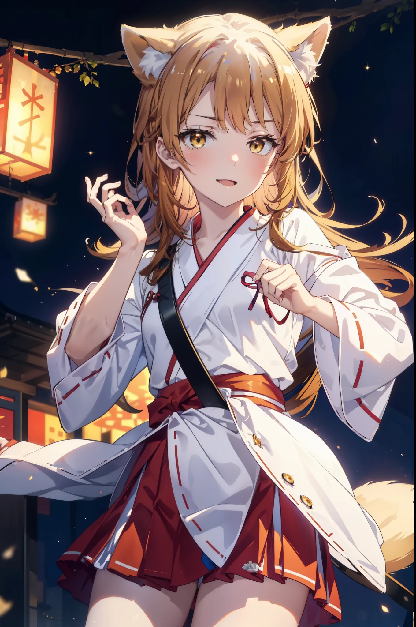 irohaisshiki, iroha isshiki, long hair, brown hair, (brown eyes:1.5), happy smile, smile, open your mouth,animal ears　fox ears,animal tail　fox tail,bellflower,Miko, kimono, Red too,kimono, same as skirt, wide sleeve, long sleeve, Ribbon trim sleeves, white foot bag,Zori sandals,firework in the night sky、firework、The place is a firework display,Time is night,sunny day,
break outdoors, festival,
break looking at viewer,
break (masterpiece:1.2), highest quality, High resolution, unity 8k wallpaper, (shape:0.8), (beautiful deしっぽed eyes:1.6), extremely deしっぽed face, perfect lighting, extremely deしっぽed CG, (perfect hands, perfect anatomy),