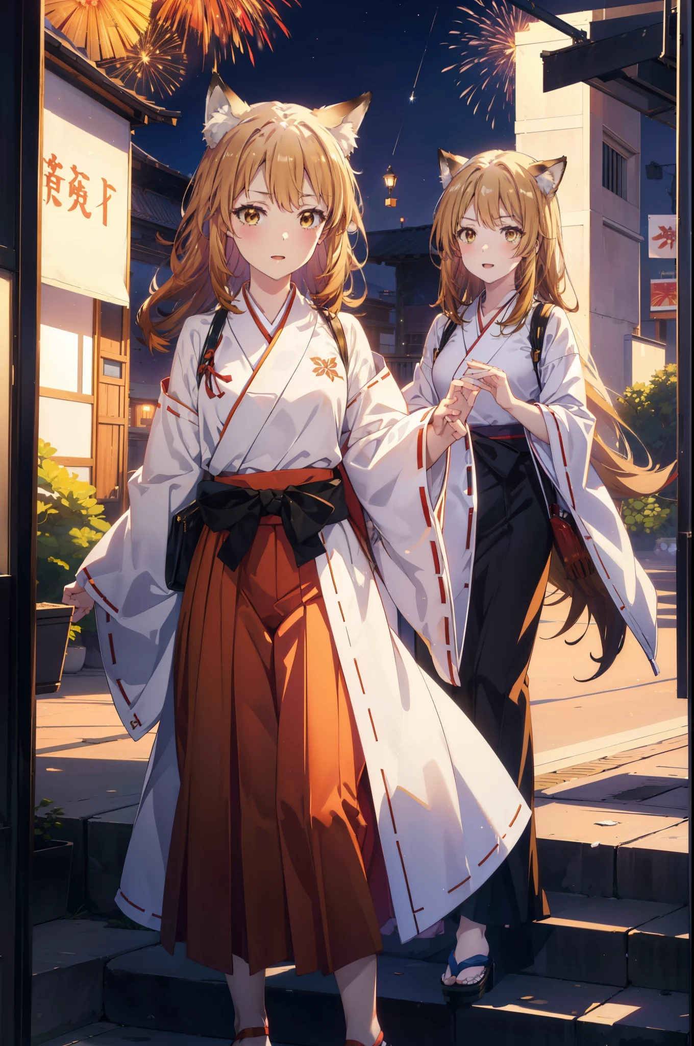 irohaisshiki, iroha isshiki, long hair, brown hair, (brown eyes:1.5), happy smile, smile, open your mouth,animal ears fox ears,animal tail fox tail,bellflower,Miko, kimono, Red too,kimono, same as skirt, wide sleeve, long sleeve, Ribbon trim sleeves, white foot bag,Zori sandals,firework in the night sky、firework、The place is a firework display,Time is night,sunny day,
break outdoors, festival,
break looking at viewer,
break (masterpiece:1.2), highest quality, High resolution, unity 8k wallpaper, (shape:0.8), (beautiful deしっぽed eyes:1.6), extremely deしっぽed face, perfect lighting, extremely deしっぽed CG, (perfect hands, perfect anatomy),