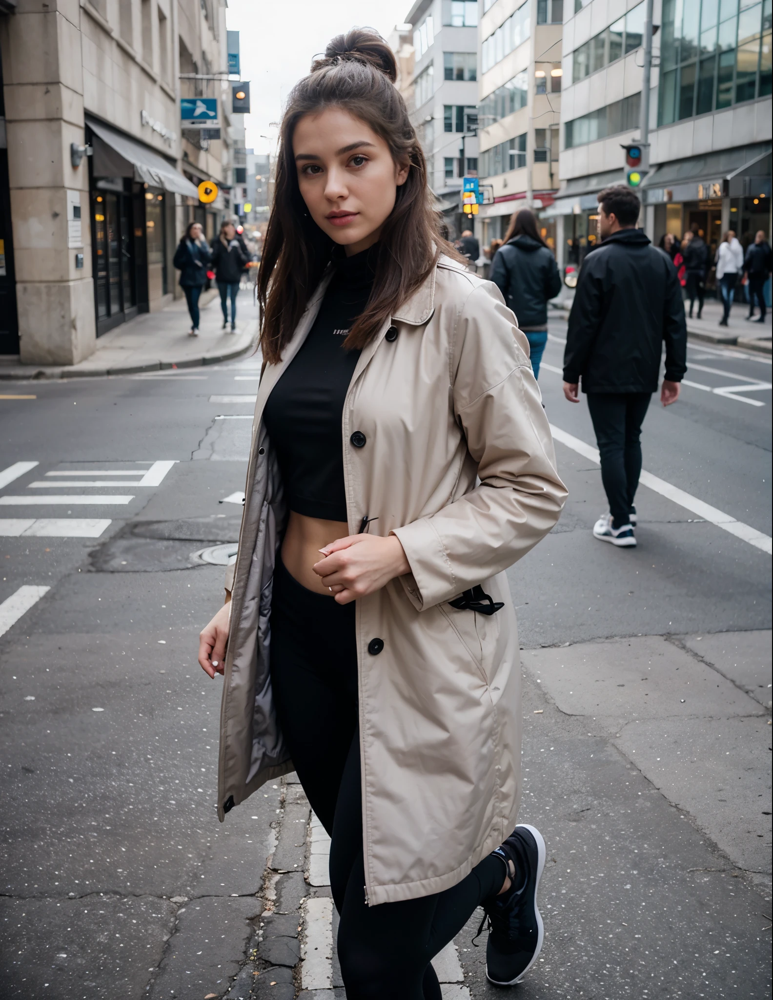 pretty 26 year old fitness influencer, HD +, realistisch, tolles Outfit, traveling on the street coat 