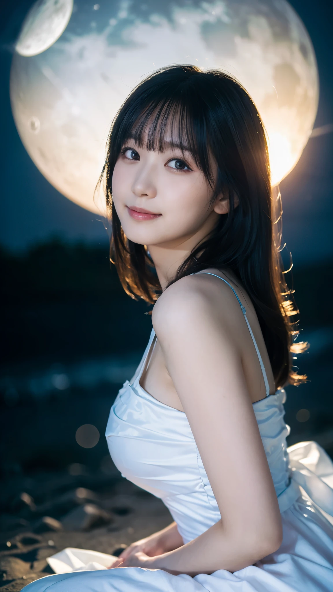 (highest quality,masterpiece:1.3,ultra high resolution),(Super detailed,caustics,8k),(photorealistic:1.4,RAW shooting),(night),(night空),(starry sky),(full moon),(beach),(looking down at the camera),1 girl,sitting,20-year-old,cute,Japanese,(smile),black long hair,strong wind,(hair blowing in the wind),(white dress),(big breasts),Natural light,moonlight,(bust up shot),(low position:1.1),(Low - Angle:1.1)