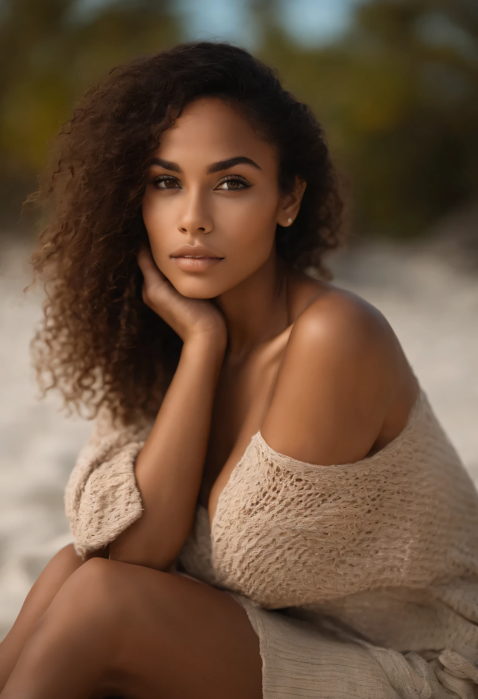 Beautiful mulatta completely naked with café au lait skin. Ela tem 25 anos, Senta-se na praia com as pernas abertas, We can see her slightly hairy pubis; she has big breasts and faces the photographer. She looks at the photographer fondly and wants to make love to him