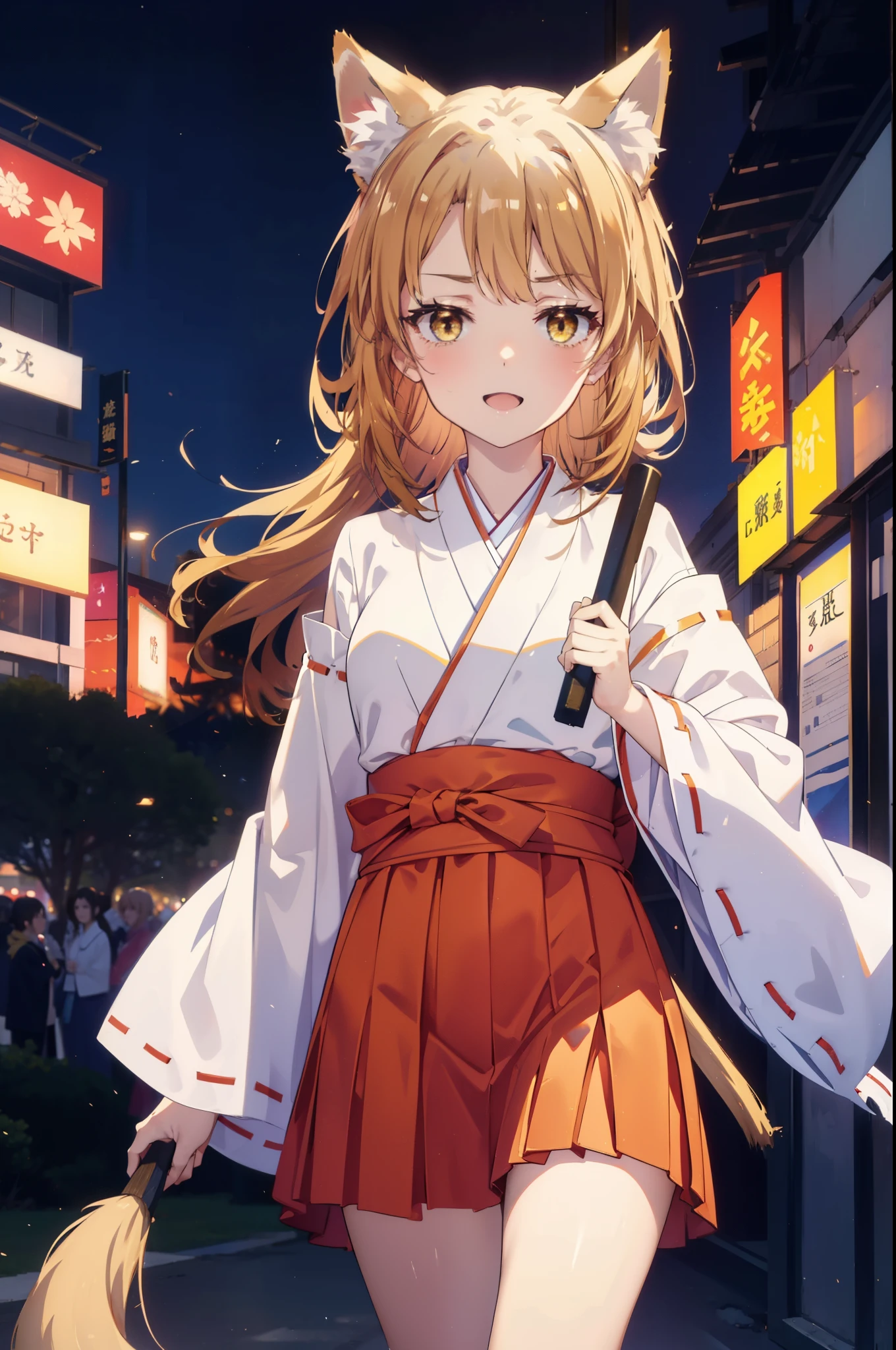 irohaisshiki, iroha isshiki, long hair, brown hair, (brown eyes:1.5), happy smile, smile, open your mouth,animal ears fox ears,animal tail fox tail,bellflower,Miko, kimono, Red too,kimono, same as skirt, wide sleeve, long sleeve, Ribbon trim sleeves, white foot bag,Zori sandals,firework in the night sky、firework、The place is a firework display,Time is night,sunny day,
break outdoors, festival,
break looking at viewer,Upper body,whole body, (cowboy shot:1. 5)
break (masterpiece:1.2), highest quality, High resolution, unity 8k wallpaper, (shape:0.8), (beautiful deしっぽed eyes:1.6), extremely deしっぽed face, perfect lighting, extremely deしっぽed CG, (perfect hands, perfect anatomy),