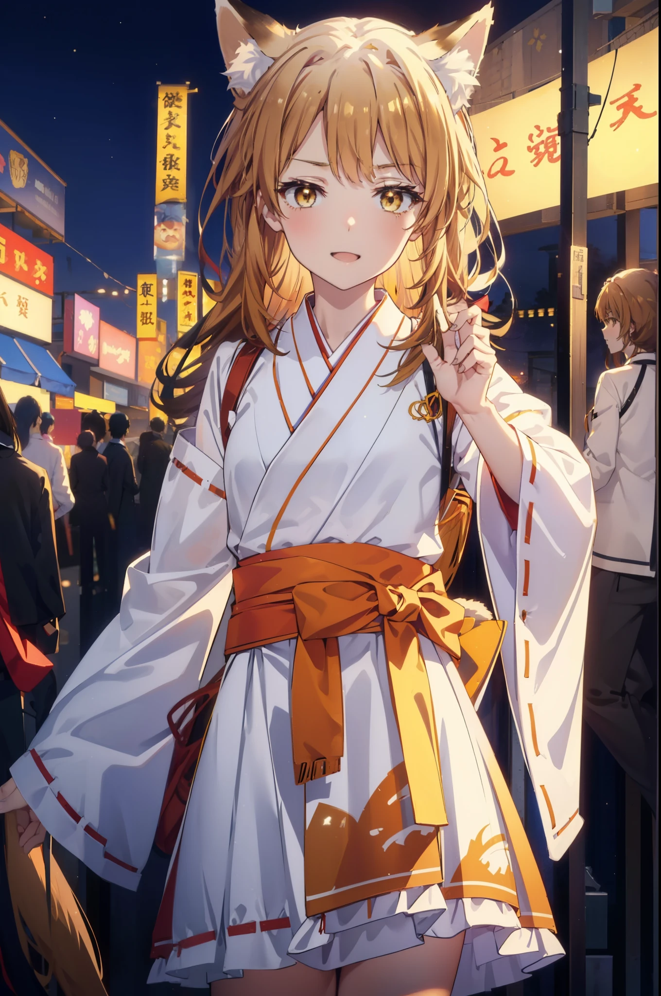 irohaisshiki, iroha isshiki, long hair, brown hair, (brown eyes:1.5), happy smile, smile, open your mouth,animal ears fox ears,animal tail fox tail,bellflower,Miko, kimono, Red too,kimono, same as skirt, wide sleeve, long sleeve, Ribbon trim sleeves, white foot bag,Zori sandals,firework in the night sky、firework、The place is a firework display,Time is night,sunny day,
break outdoors, festival,
break looking at viewer,Upper body,whole body, (cowboy shot:1. 5)
break (masterpiece:1.2), highest quality, High resolution, unity 8k wallpaper, (shape:0.8), (beautiful deしっぽed eyes:1.6), extremely deしっぽed face, perfect lighting, extremely deしっぽed CG, (perfect hands, perfect anatomy),