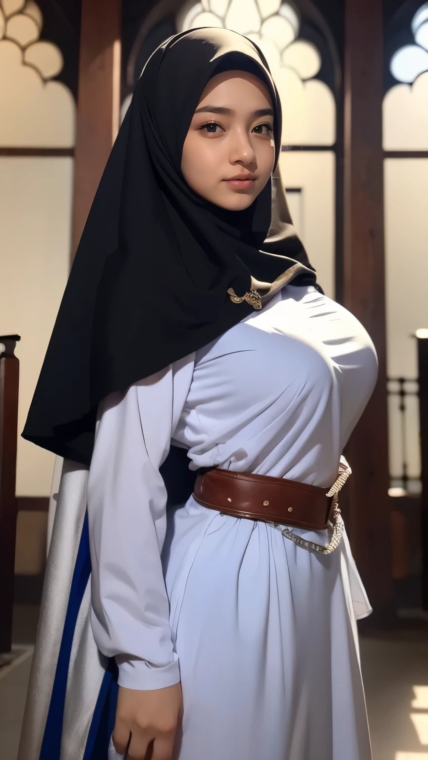 Wearing a hijab , luxury hijab crown , black hair, Around 15 years old, (golden silver hijab), masterpiece，highest quality，High resolution，8k，((portrait))，(Half body)，original photo，real photos，digital photography，(medieval fantasy style girl princess), sexy princess , super huge breasts, round big breasts，((blush))，(medieval fantasy dress，beautiful super huge round breasts, small waist, Perfect big breasts with princess body, blue delicate pattern，red cloak)，(prince medieval character medieval fantasy style，oc rendering reflection texture, fighting style,  sexy big breasts , medieval castle background, because I&#39;thin, very small waist, ((15 year old Japanese girl、cute type)), (((Beautiful breast shape)))