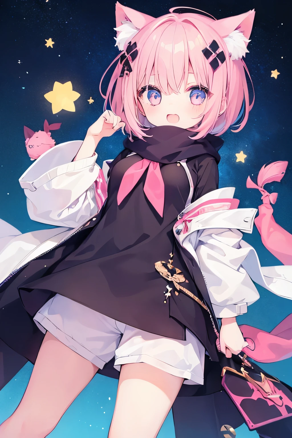 Very beautiful and shining eyes、shining eyes、((1 girl))、small breasts、big mouth、high school girl、small breasts、Cat ear、Transparent pink short hair、scarf、hot pants、transparent clothes、childish clothes、7  girl