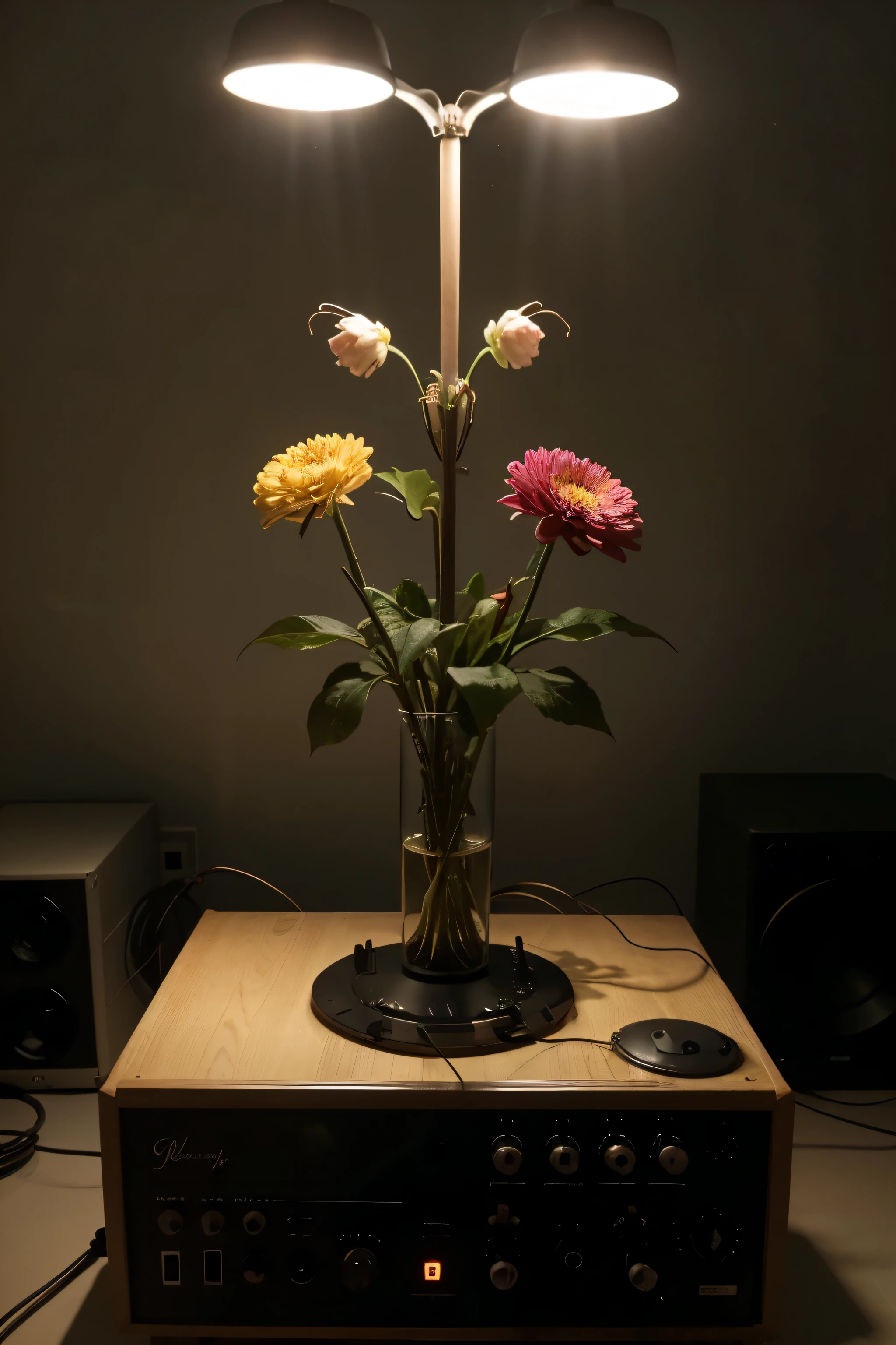 Flowers grow from a modular synthesizer, with long stems, intertwined with wires, light bulbs are burning, soft light, sound systems everywhere, mosquitoes, moths fly, night and light, image with colored light bulbs