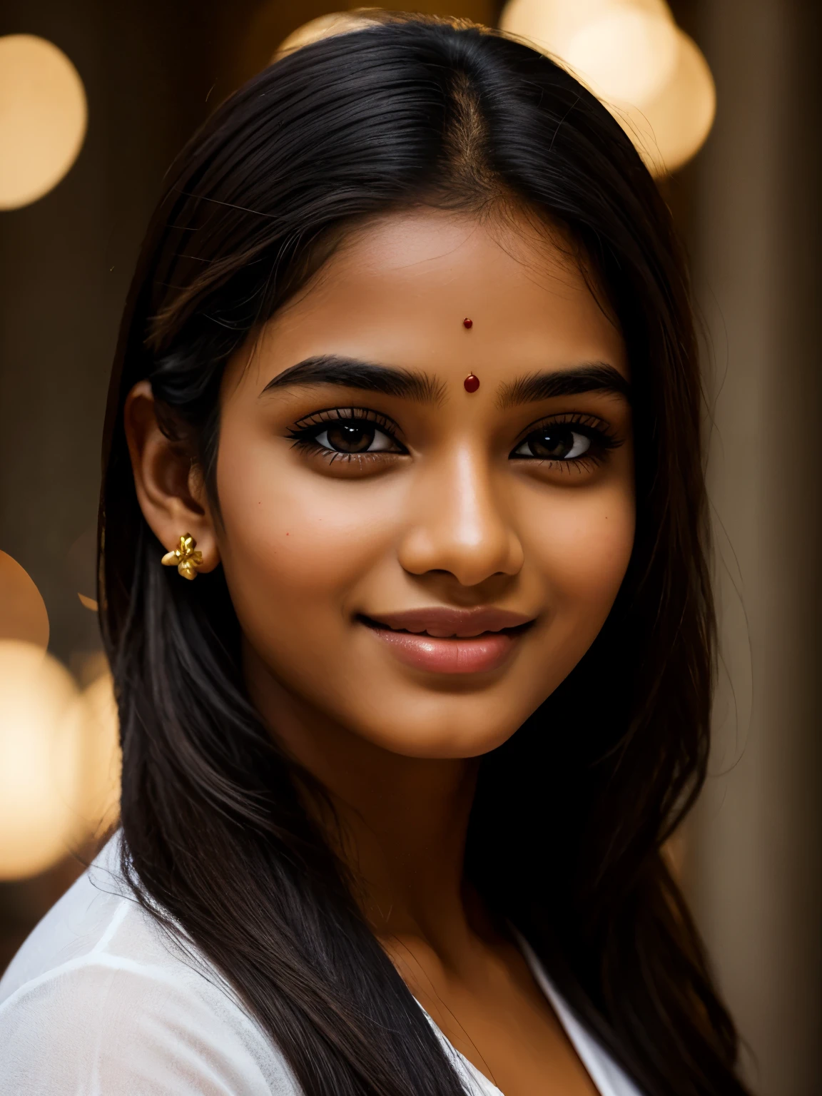 (high quality, masterpiece, HDR, 256K), (hyper-realistic, photorealism) 20 year old extremely beautiful Tamil girl, (intricate detailed extremely beautiful face, eyes, ears, nose, lips, textured skin), eyes symmetry, (bright smile)