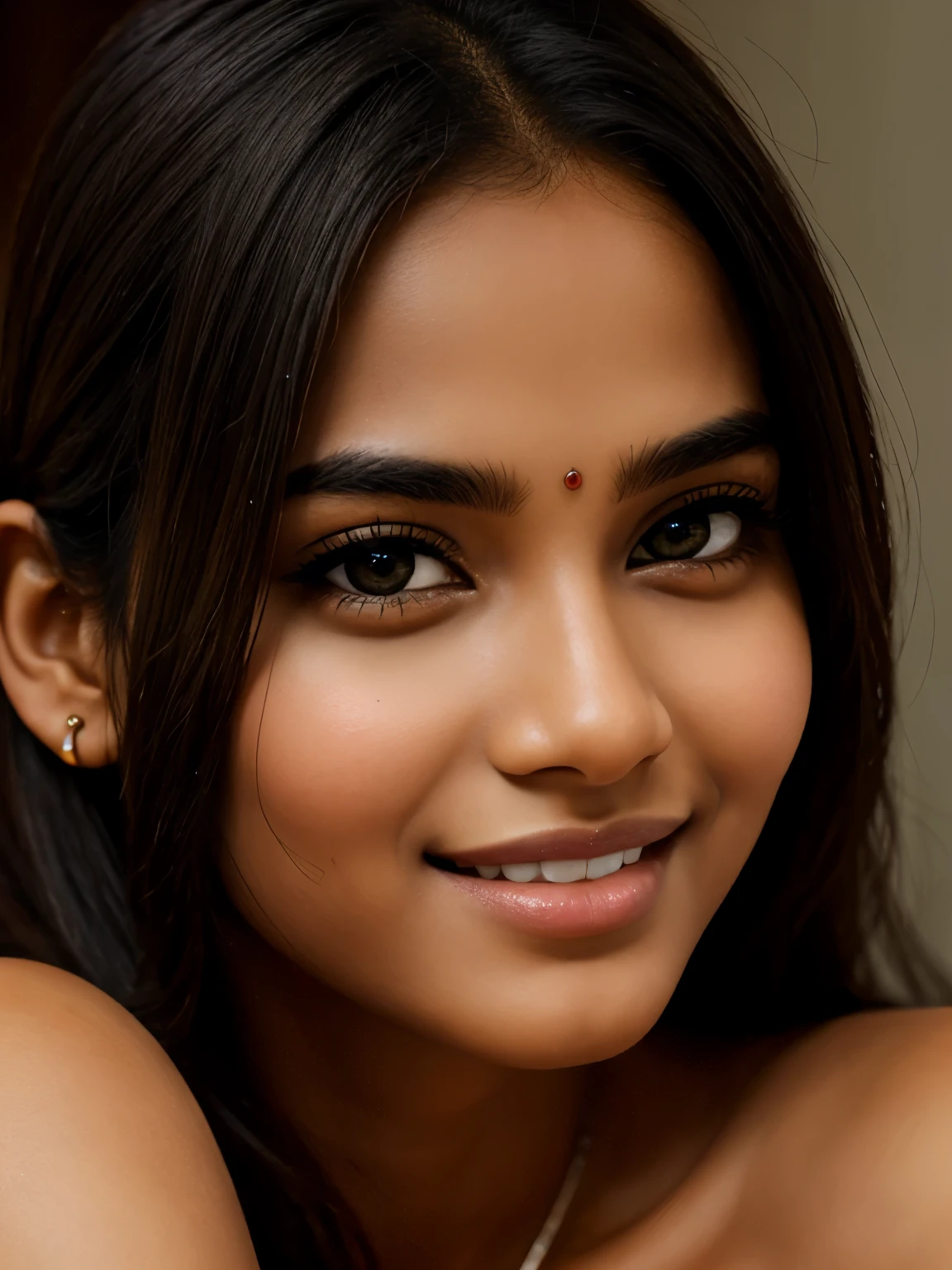 (high quality, masterpiece, HDR, 256K), (hyper-realistic, photorealism) 20 year old extremely beautiful Tamil girl, (intricate detailed extremely beautiful face, eyes, ears, nose, lips, textured skin), eyes symmetry, (bright smile)