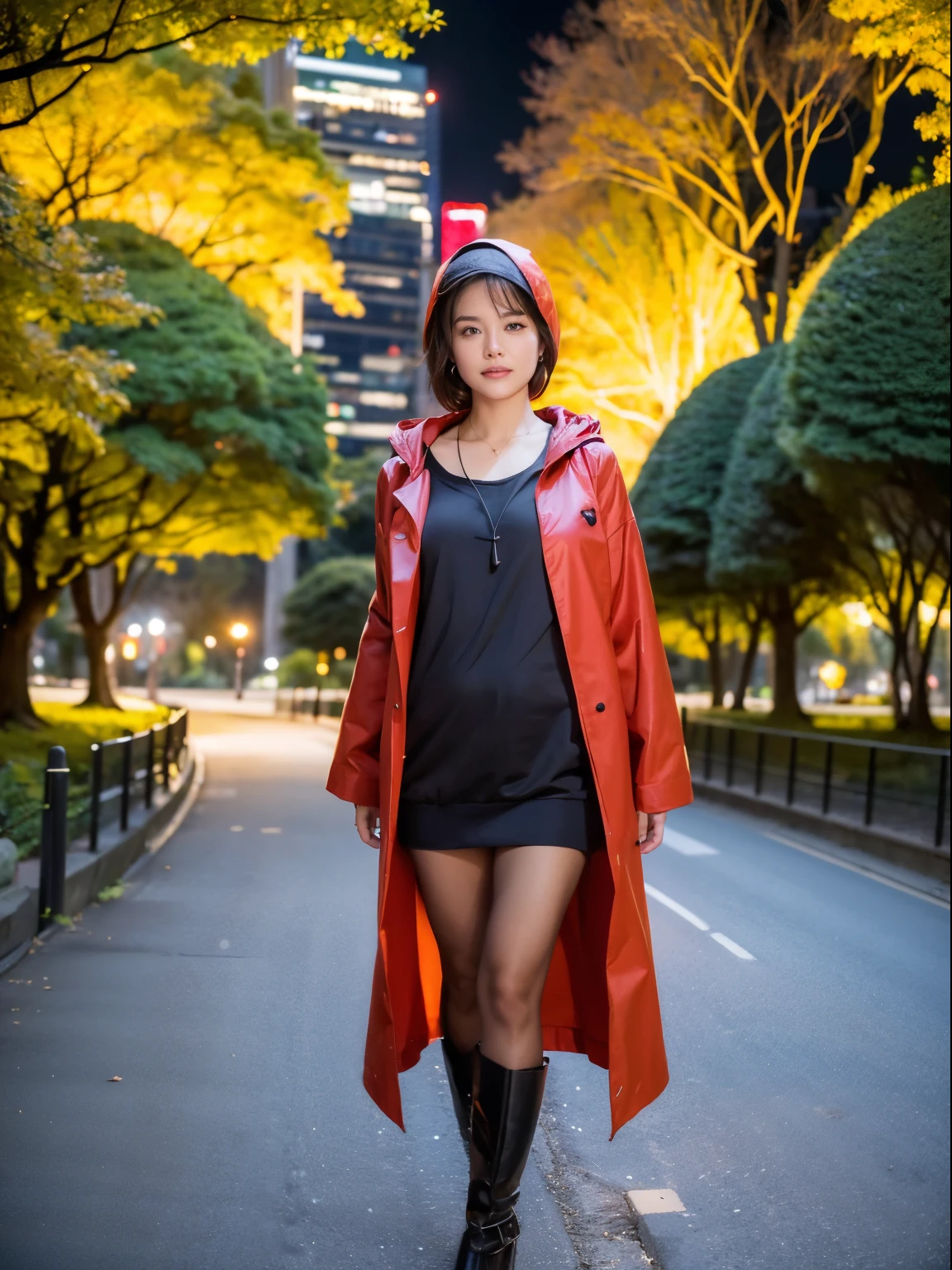 (Raw photo:1.2), (realistic:1.4),beautiful detailed woman,非常にfine eyesと顔, fine eyes, Super detailed,High resolution, very detailed,highest quality,enlightenment,unified,8k wallpaper,masterpiece,highest quality,1 female,alone,rich,Full body Esbian,(Slightly chubby body type:0.7),meaty legs,alone,(Wearing a red high-leg swimsuit:1.8),(He wears a black raincoat with the front open.:1.6)、(wearing a hood:1.2)、(standing with arms spread horizontally:1.6)、(I only wear a swimsuit under my coat.:1.4)、(high heels:1.5)、jewelry, necklace ,short hair,gentle smile,dignified atmosphere,black eye,realistic,(Hibiya Park:1.5)、(it's raining:1.2)、(Dim light:1.4)、 (night park:1.2)