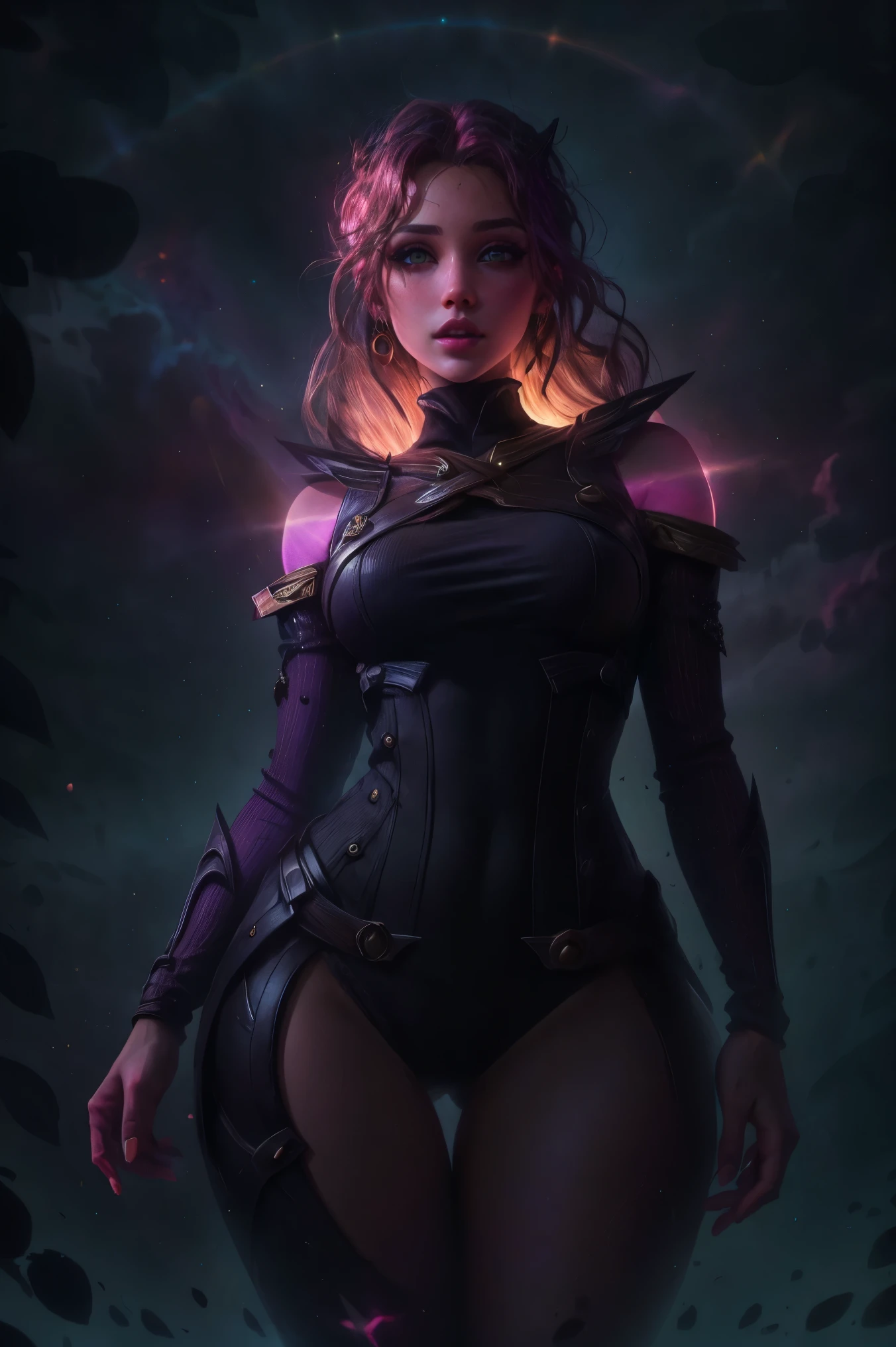 sexy girl with green eyes, thigh gap, Violet luminous rays, dark fantasy portrait, Side Shot, (Cheeky face), realistic 4k digital art, (Gloomy color scheme:1.5)