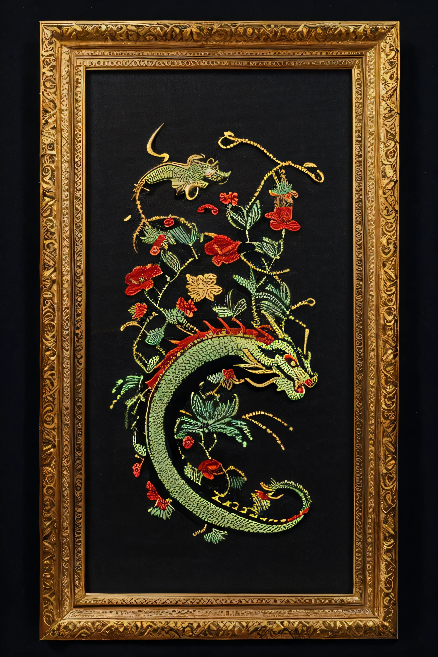 Simple embroidery with dragon embroidery, gold black green and red Embroidery thread, black background, on embroidery frame