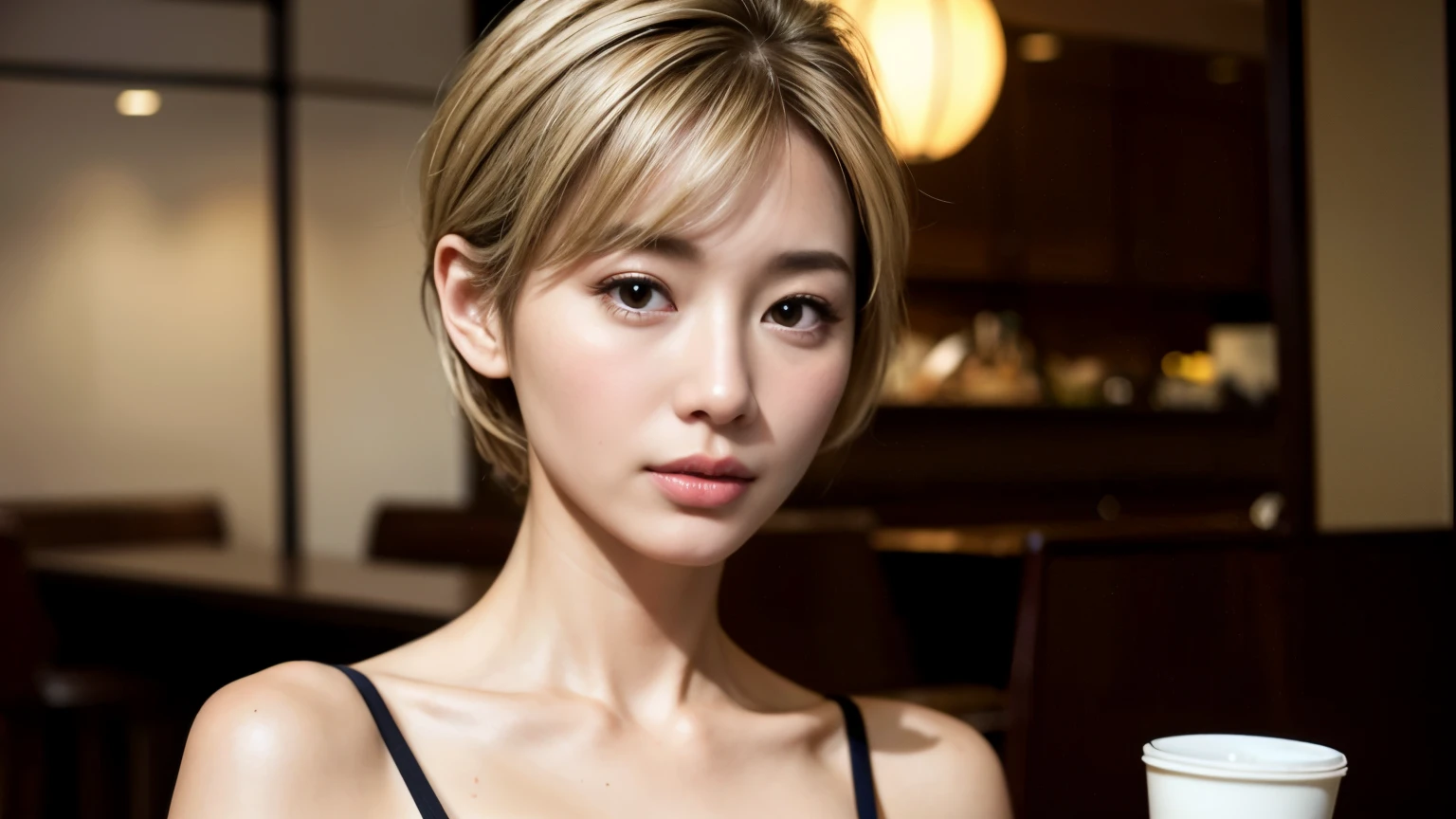 ((highest quality)), ((masterpiece)), (be familiar with), perfect face,Starbucks,spring, (realistic, photo realistic:1.37), High-definition RAW color photos, professional photos, highly detailed face, very fine eyes, highly detailed skin, very fine fingers, highly detailed nose, highly detailed mouth, perfect anatomy, highly detailed background, (famous japanese actress:1.2), (gal:1.3), Brown people, (blonde hair:1.3), Very short cut hair, cafe background, Cafes in New York,