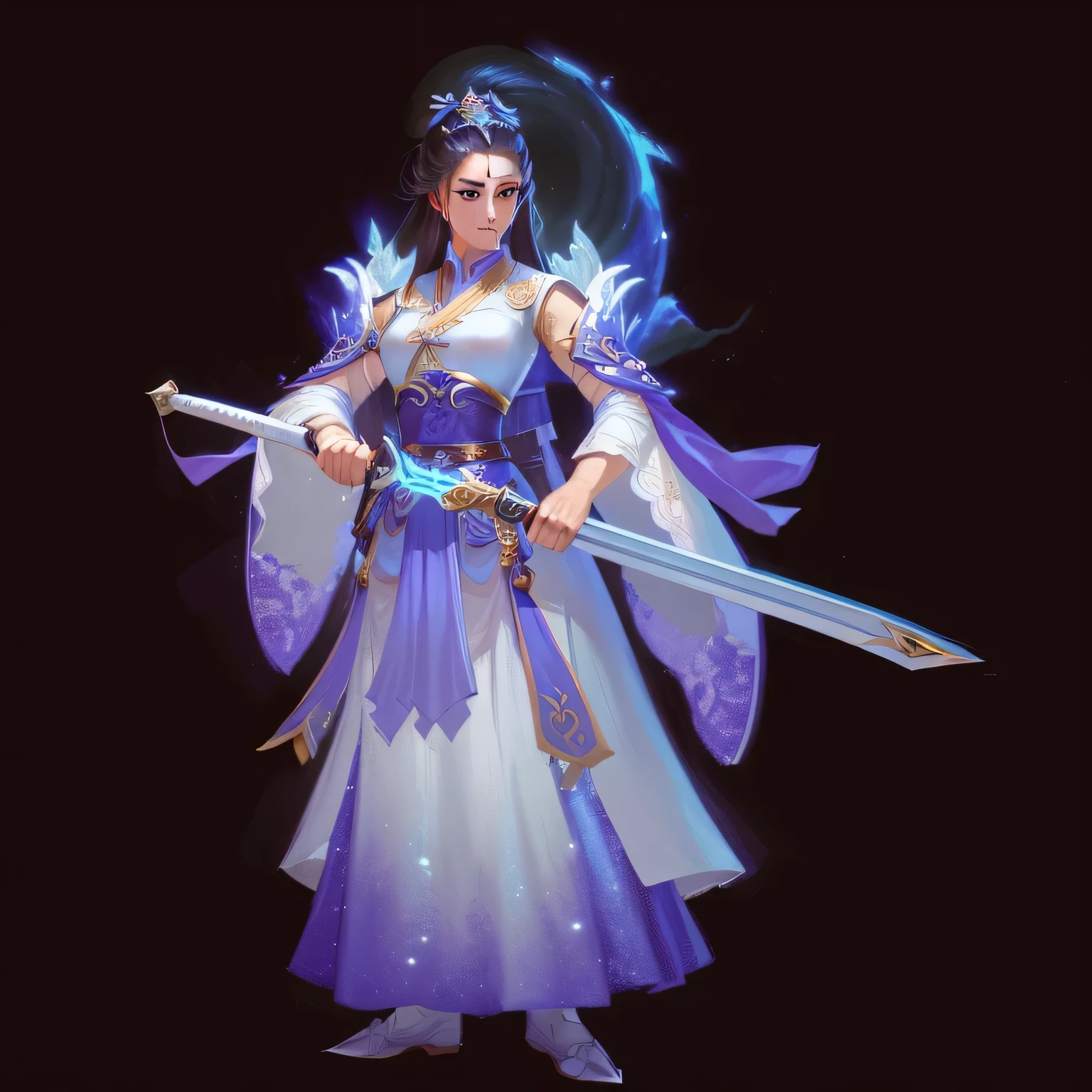 Close-up of a woman in a skirt holding a sword, full body xianxia, inspired by trees, Inspired by Zhu Lian, xianxia hero, heise jinyao, Inspired by Lan Ying, yun ling, Inspired by Qiu Ying, zhao yun, Inspired by Shen Zhou, Epic Mage Girl Character, g liulian art style
