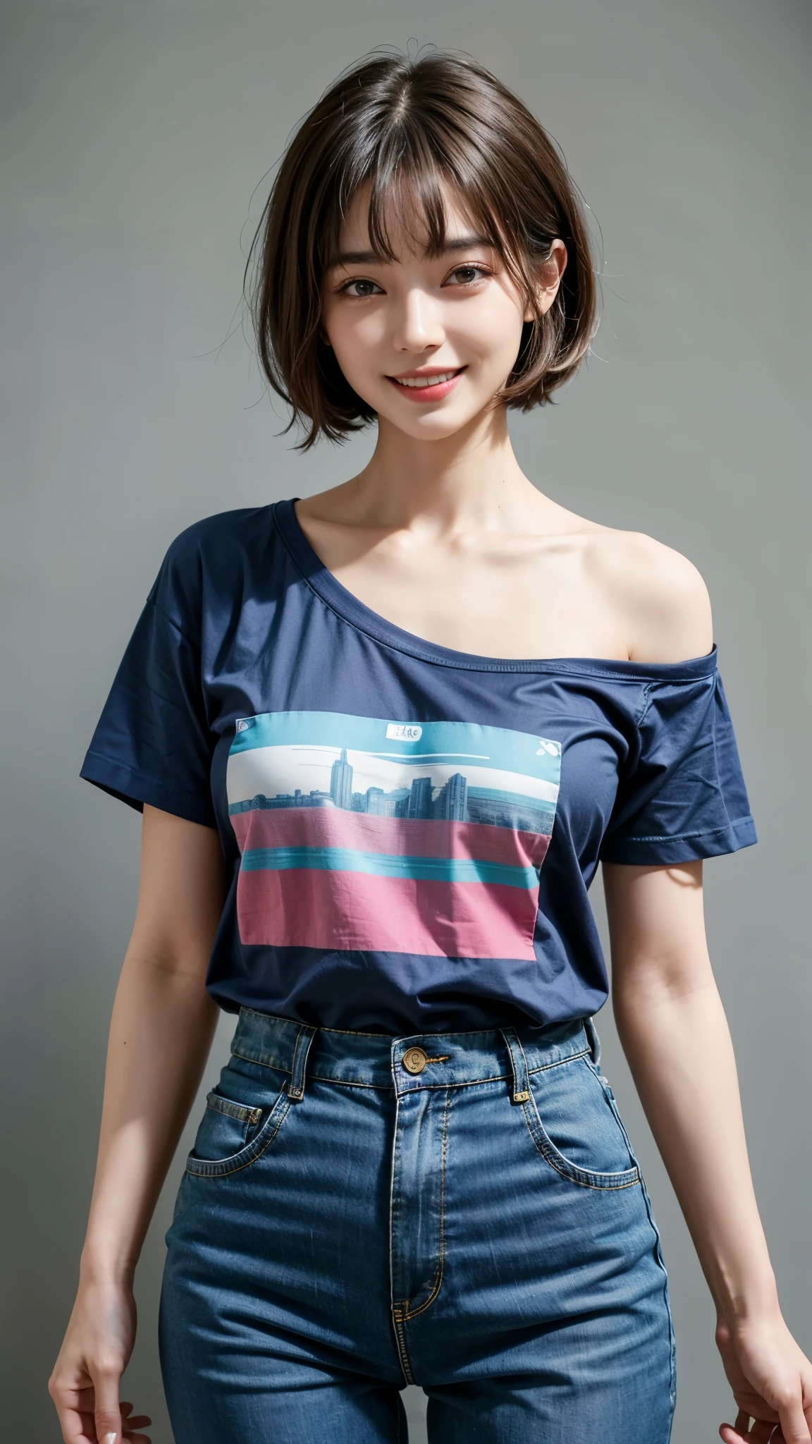 highest quality, masterpiece, ultra high resolution, (realistic:1.4), 20-year-old,1 girl,super high quality,8K,thinウエスト,thin脚,thin and beautiful arms,beautiful fingers,((Super realistic image quality)),sale eye makeup,thin,Medium chest,soft chest,(((生地thin短いタイトなTshirt and pants only))),The shirt is short enough to show the underline of the tits,,beautiful breasts,((Shoulder-length permed hair)),((Bangs short hair)),realistic,picture media chest)),((toothy smile)),((big smile))