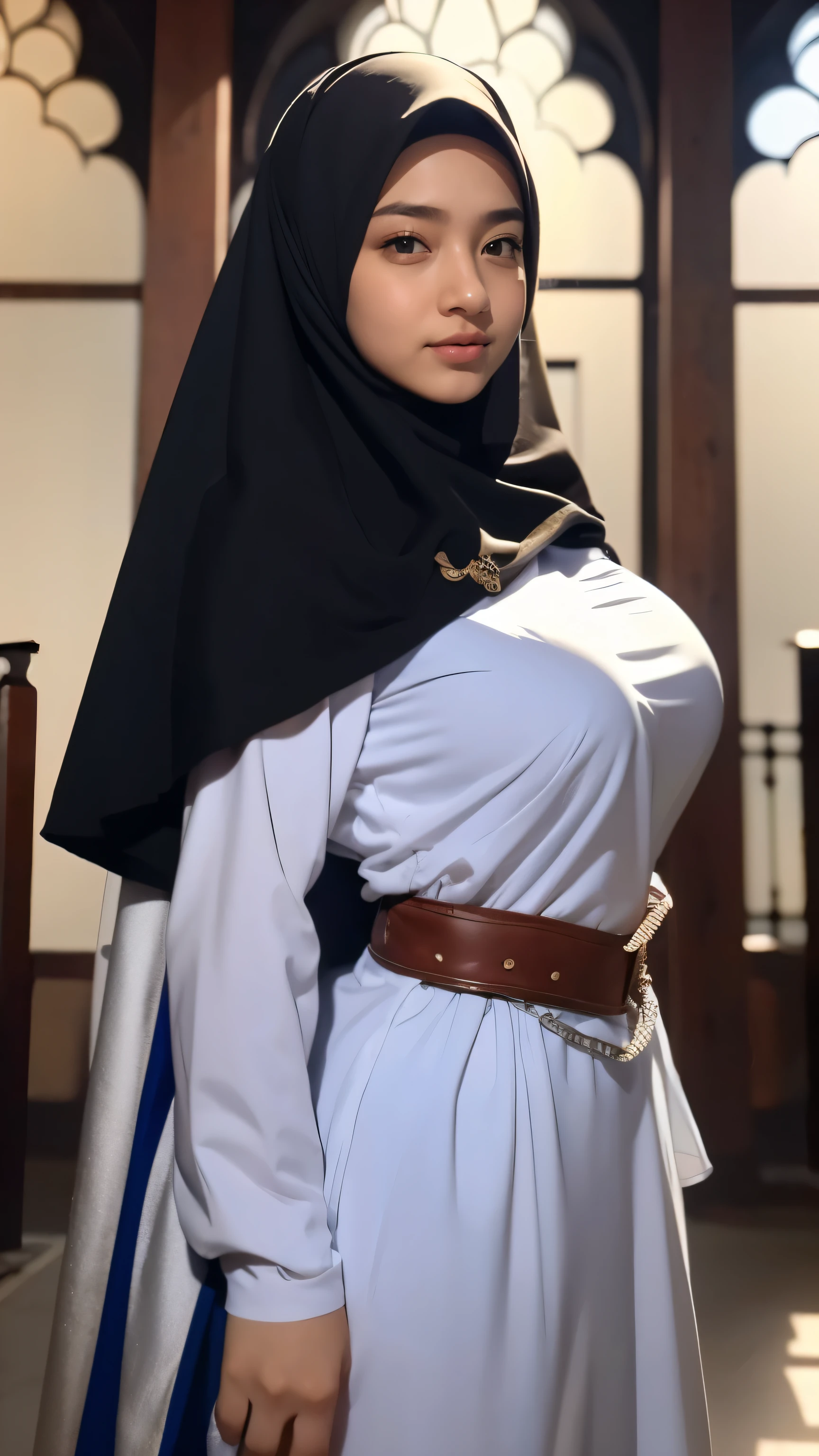 Wearing a hijab , luxury hijab crown , black hair, Around 15 years old, (golden silver hijab), masterpiece，highest quality，High resolution，8k，((portrait))，(Half body)，original photo，real photos，digital photography，(medieval fantasy style girl princess), sexy princess , super huge breasts, round big breasts，((blush))，(medieval fantasy dress，beautiful super huge round breasts, small waist, Perfect big breasts with princess body, blue delicate pattern，red cloak)，(prince medieval character medieval fantasy style，oc rendering reflection texture, fighting style,  sexy big breasts , medieval castle background, because I&#39;thin, very small waist, ((15 year old Japanese girl、cute type)), (((Beautiful breast shape)))