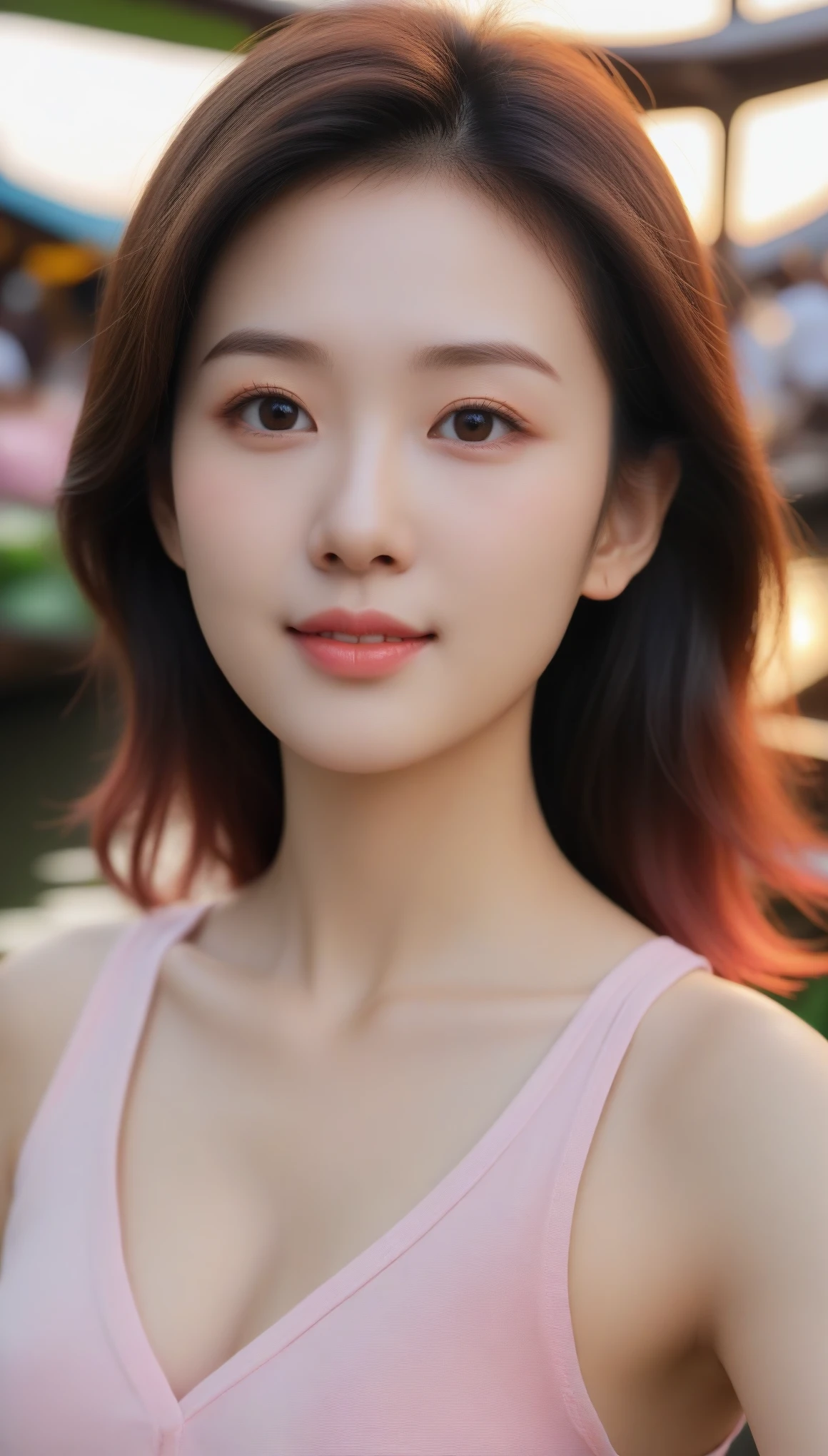 Close-up shot of beautiful korean female, 36 inch breasts size, red hair, slightly smile, wearing v-neck pink tank top, standing at Thailand floating market, selfie, sunset light, UHD