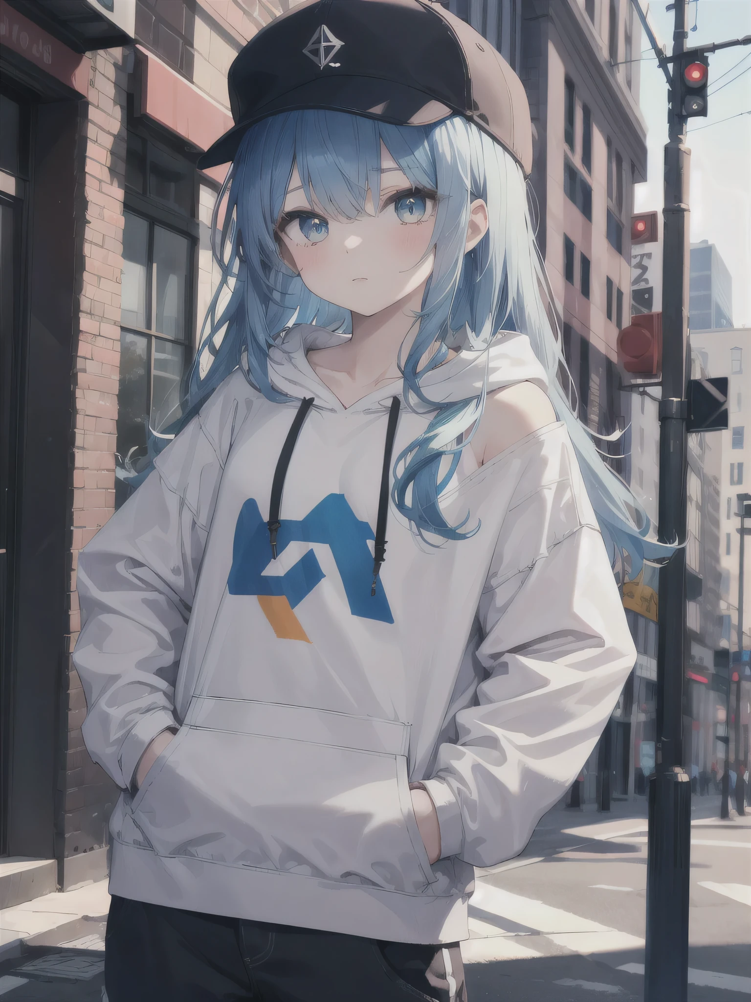1girl, with light blue eyes, light blue hair, wearing a hair ribbon, blue and white long hoodie, no pants, the scene is set in winter, sunset, looking directly at the viewer, thighhighs, (spread legs wide open), show panties, carrying a rucksack, black turtleneck