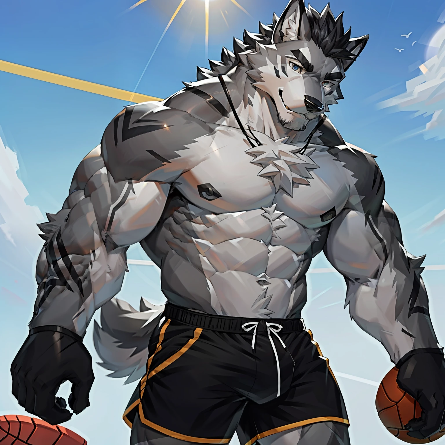 masterpiece,best quality,Detailed background nj5 furry,Sunlight, alone,single focus,male focus,human nature,Wolf,(sports:1.5), (gray fur,,black eyebrows:1.5),exquisite eyes,delicate eyes,agate eyes,,5 fingers, Wear only shorts yaoi,Strong body,Majesty,Revealing eight-pack abs and two thick chest muscles,