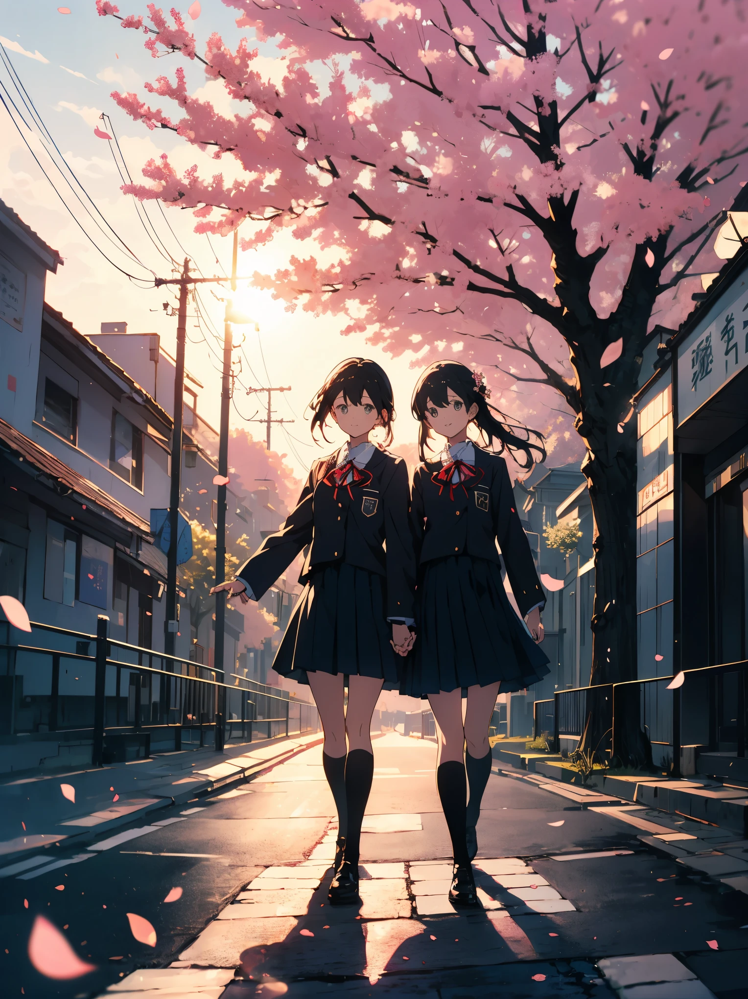 (highest quality、masterpiece、High resolution、be familiar with)、(shining eyes、be familiar with美しい顔)、8K、(2 girls)、(smile)、(high school girl、uniform)、The road to school(walk together)、Cityscape lined with cherry blossom trees、sunny、bright theme、pop、Beautifully falling cherry blossom petals、(beautiful anime)