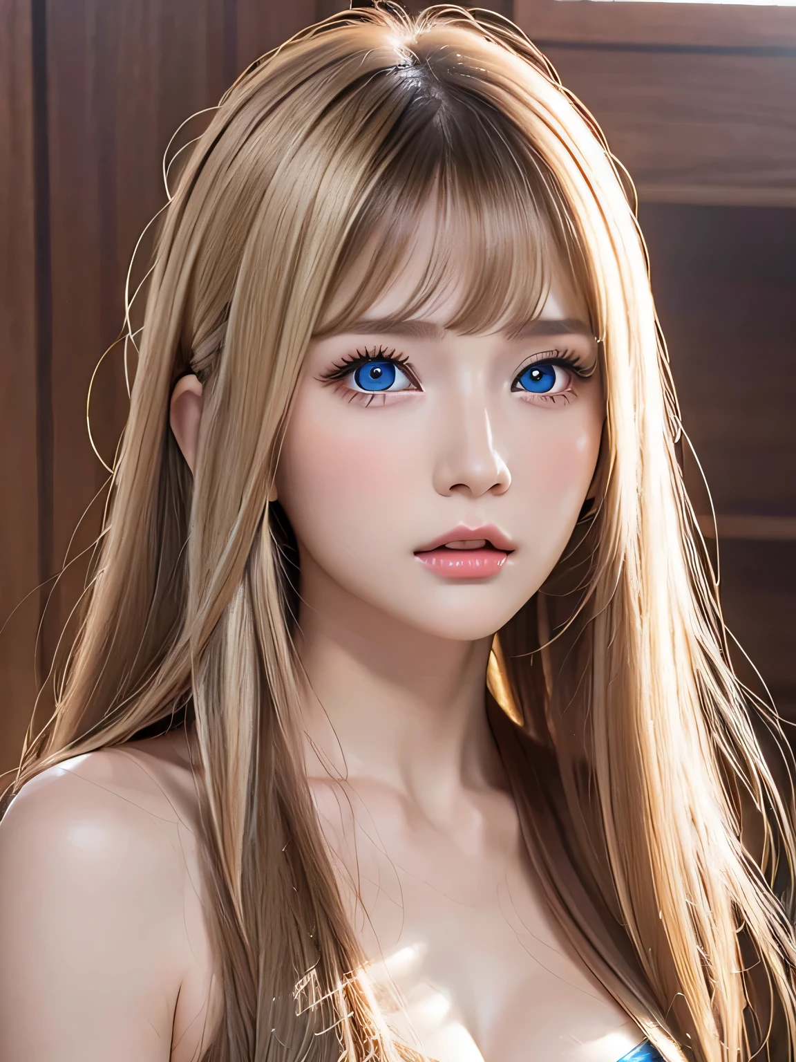 unparalleled beauty, Glossy firmness and glossy skin, bangs between eyes, Gorgeous straight beautiful dazzling golden platinum blonde, super long straight silky hair, eyeliner, Sexy beautiful innocent 14 years old, High resolution big beautiful bright blue eyes, beautiful and nice girl, baby face, short sleeve shirt