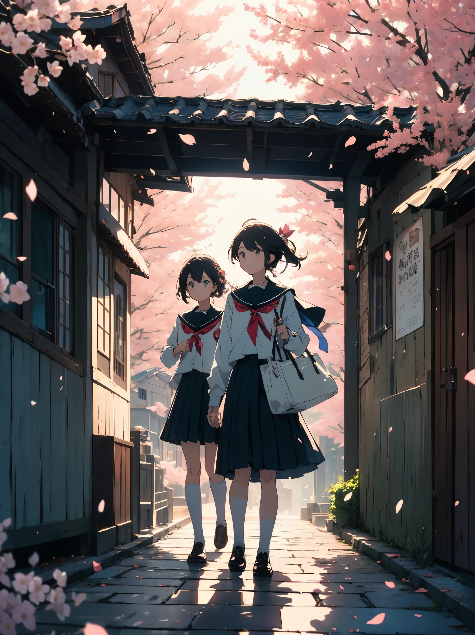 (highest quality、masterpiece、High resolution、be familiar with)、(shining eyes、be familiar with美しい顔)、8K、(2 girls)、(smile)、(high school girl、uniform)、The road to school(walk together)、Cityscape lined with cherry blossom trees、sunny、bright theme、pop、Beautifully falling cherry blossom petals、(beautiful anime)