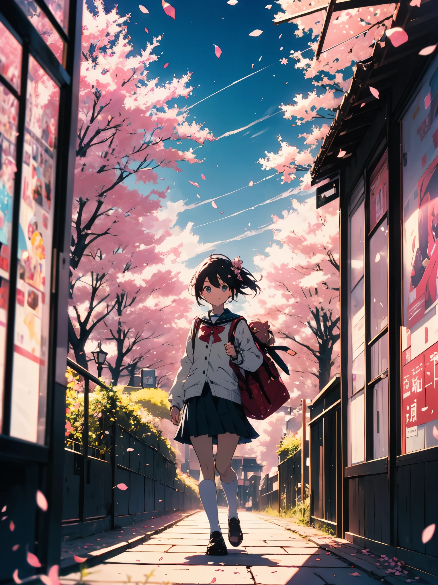 (highest quality、masterpiece、High resolution、be familiar with)、(shining eyes、be familiar with美しい顔)、8K、(2 girls)、(smile)、(high school girl、uniform)、The road to school(walk together)、Cityscape lined with cherry blossom trees、sunny、bright theme、pop、Beautifully falling cherry blossom petals、(beautiful anime)