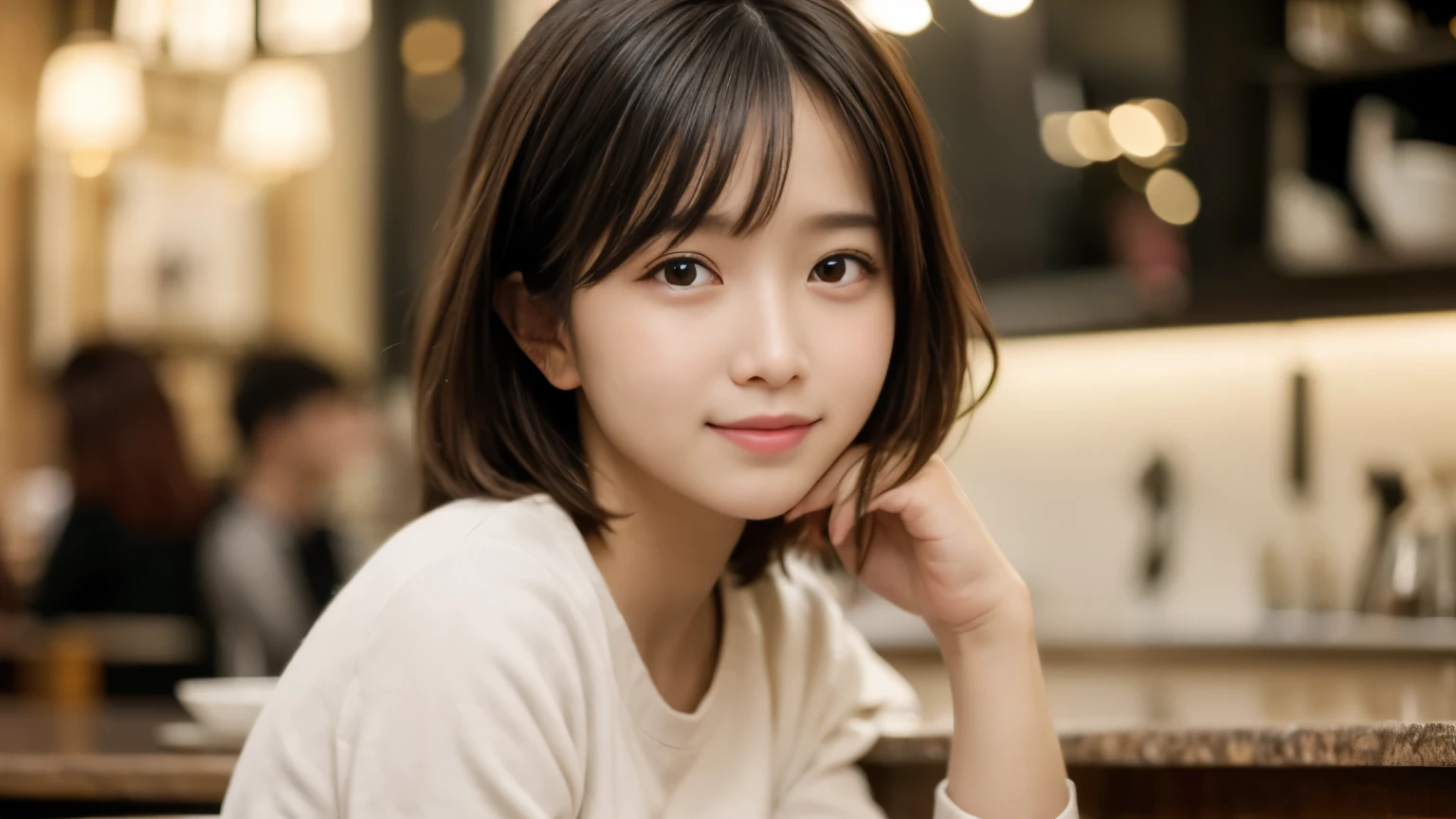 masterpiece, best quality, 8k, disorganized person, (Upper body:1.4), stylish cafe,white shirt, beautiful girl, pretty face, looking at the viewer, smile, super realistic, high resolution, picture, sharp focus, HDR, face light, dynamic lighting, movie lighting, professional shadow, beautiful cafe background, best details, very detailed, Super detailed, finely, real skin, delicate facial features, detailed face and eyes, sharp pupils、real students