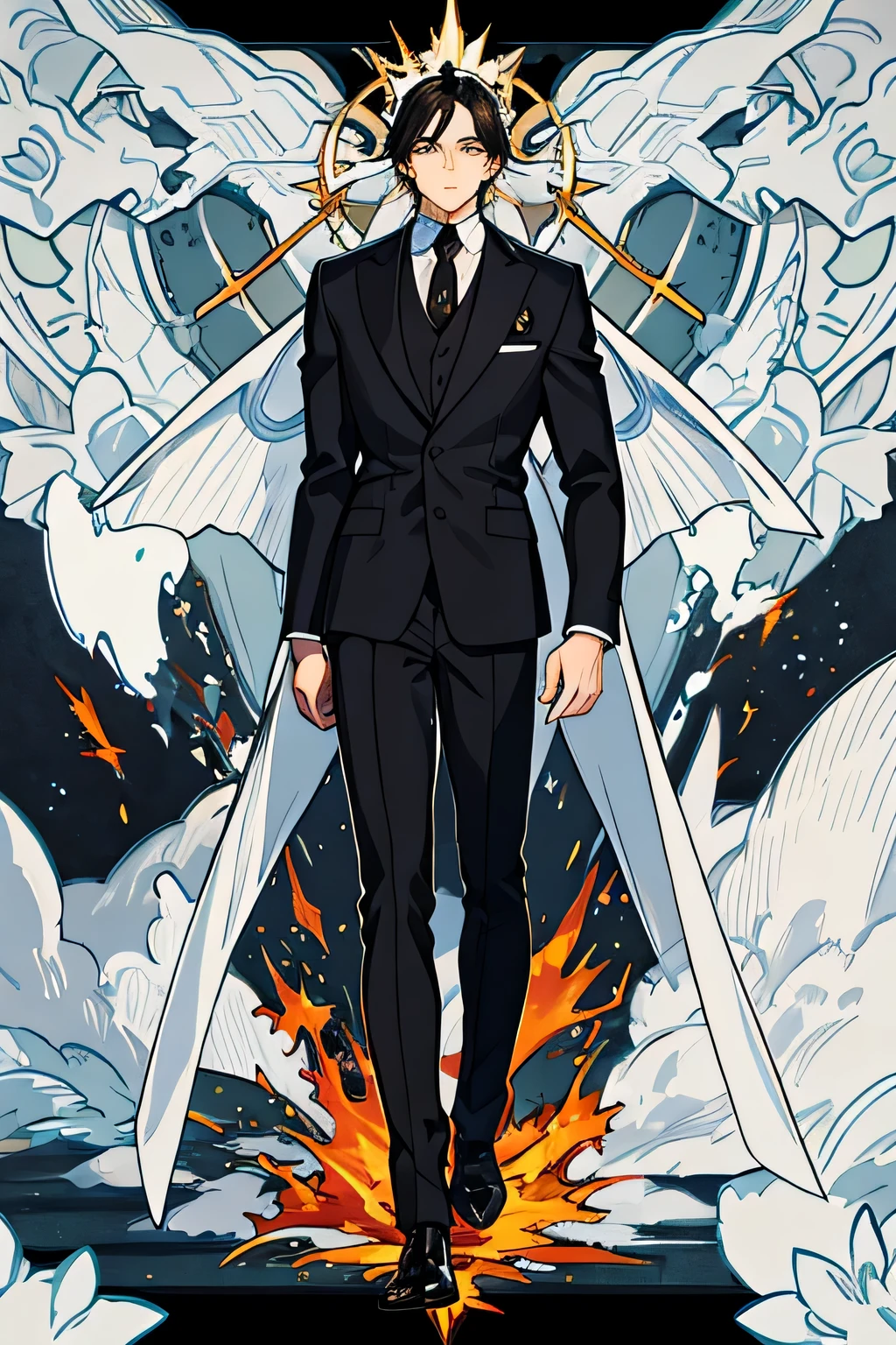 A 6'2 foot tall human with black hair with silver highlights, brown eyes that turn amber when tapping into his power or experiencing a strong emotion. He has a pleasing if a bit average look.
His go to outfit is his black office suit.