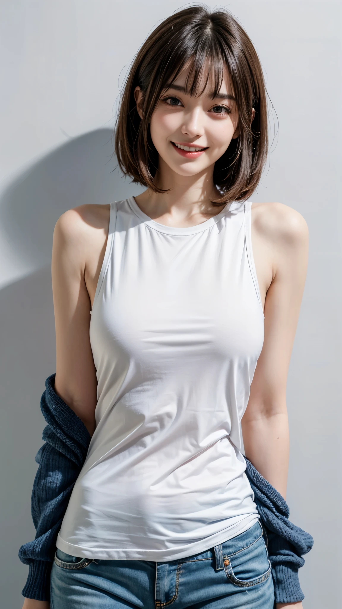 highest quality, masterpiece, ultra high resolution, (realistic:1.4), 20-year-old,1 girl,super high quality,8K,thinウエスト,thin脚,thin and beautiful arms,beautiful fingers,((Super realistic image quality)),sale eye makeup,thin,Medium chest,soft chest,(((生地thin短いタイトなTshirt and pants only))),The shirt is short enough to show the underline of the tits,,beautiful breasts,((straight hair to shoulders)),((Bangs short hair)),realistic,picture media chest)),((toothy smile)),((big smile))