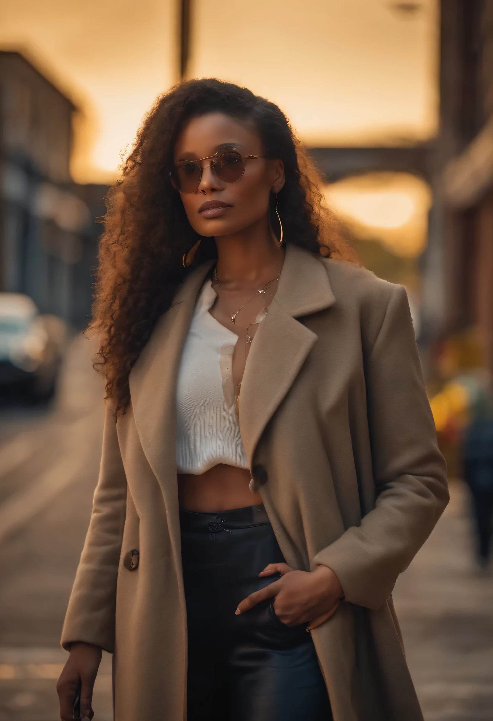 (Melhor qualidade,4K,8k,high resolution,obra de arte:1.2), ultra-detalhado, realista:1.37, Mulher afro-americana, incrivelmente atraente, estilo urbano e ultra trendy, olhos castanhos claros, maquiagem perfeita, roupas elegantes de alta costura, Confident and seductive expression, cabelos cacheados elegantemente longos, elegant gold jewelry, Bolsa elegante, posing against a vibrant city backdrop, dynamic street art in the background, Neon Lights Illuminating the Scene, tom de cor suave e quente com um toque de ousadia urbana, Shadows and Dramatic Enhancements, capturing the essence of beauty and modern urban style.