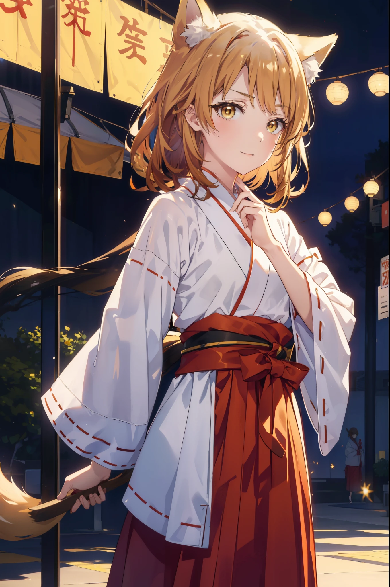 irohaisshiki, iroha isshiki, long hair, brown hair, (brown eyes:1.5), happy smile, smile, open your mouth,animal ears　fox ears,animal tail　fox tail,bellflower,Miko, kimono, Red too,kimono, same as skirt, wide sleeve, long sleeve, Ribbon trim sleeves, white foot bag,Zori sandals,firework in the night sky、firework、The place is a firework display,Time is night,sunny day,
break outdoors, festival,
break looking at viewer,Upper body,whole body, (cowboy shot:1. 5)
break (masterpiece:1.2), highest quality, High resolution, unity 8k wallpaper, (shape:0.8), (beautiful deしっぽed eyes:1.6), extremely deしっぽed face, perfect lighting, extremely deしっぽed CG, (perfect hands, perfect anatomy),