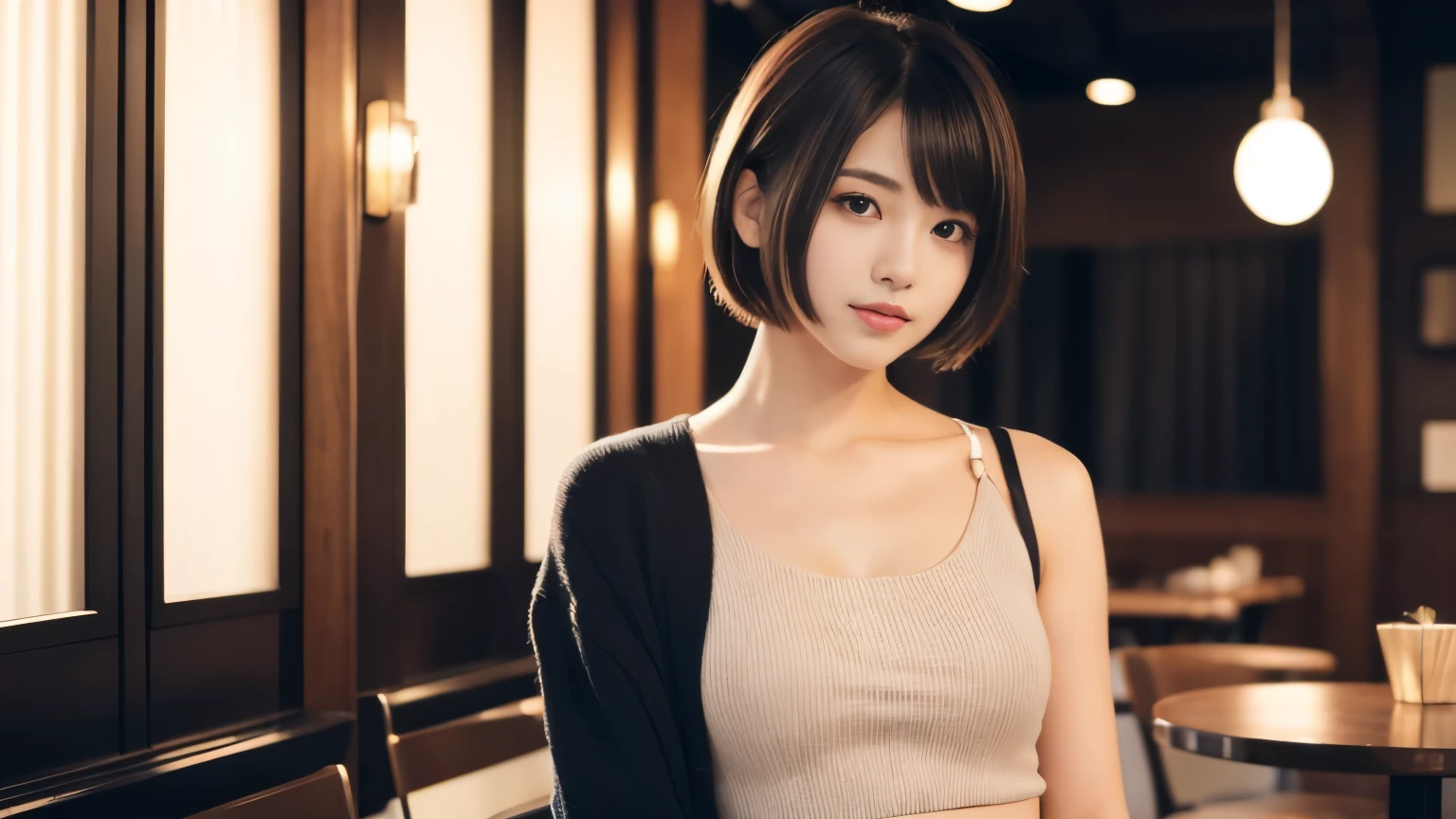 ((masterpiece, highest quality, High resolution)), 1 girl, (realistic: 1.4), Japanese, 20-year-old, Mannish short hair is stylish. A stylish face type, Exude a cool and confident attitude. The background is a stylish cafe interior with professional lighting., And she&#39;s posing directly for the camera, Exudes something strong, Confident presence. Her outfit complements her mannish and stylish look, Perfect match for her short hair and stylish personality, (draw the upper body, shoulder),
