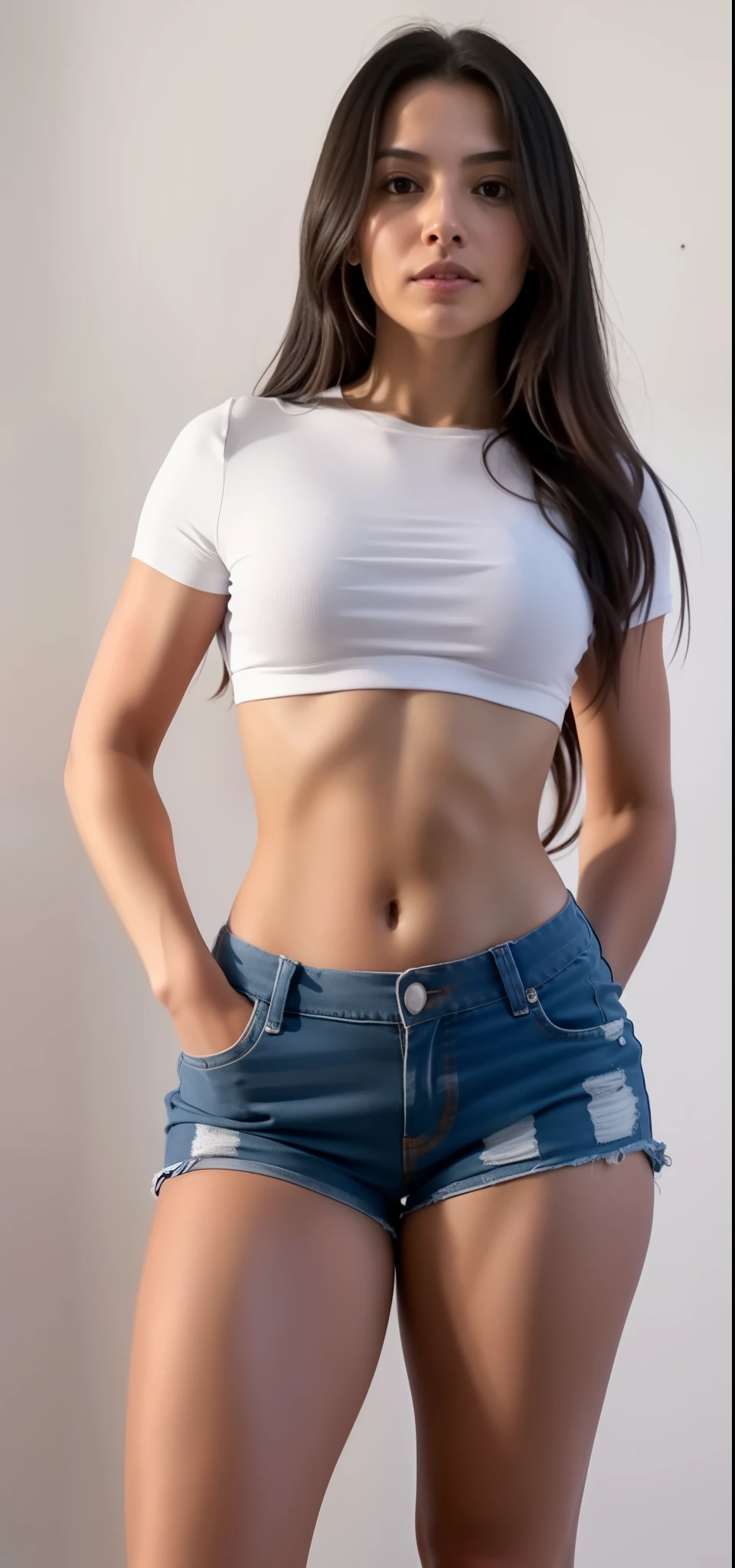 um close up de uma mulher de shorts curtos posando para uma foto, crop shirt and strong abdomen,  apta, corpo sensual com barriga sexy, sweaty abdomen, linda barriga, with abdomen, Modelo de fitness, umbigo aparecendo, abdomen, corpo tonificado, [ rigidly defined abdomen ]!!, her belly button is exposed