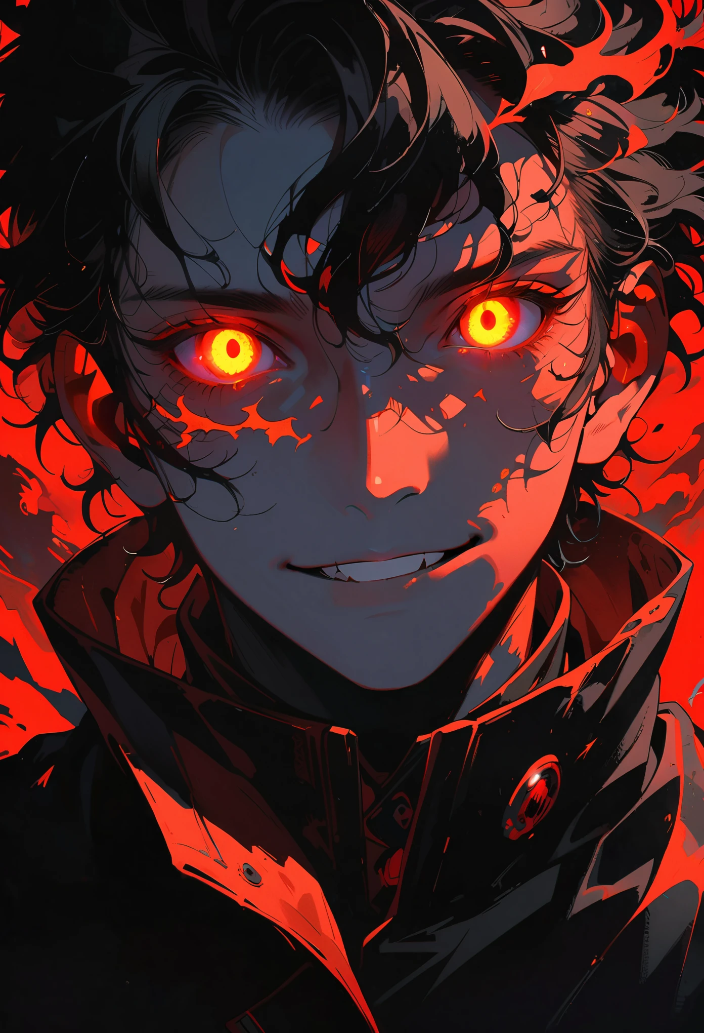 solo, looking at viewer, smile, 1boy, jacket, monochrome, male focus, parted lips, glowing, portrait, glowing eyes, spot color, high collar, glowing eye, red theme ,anime type and high details