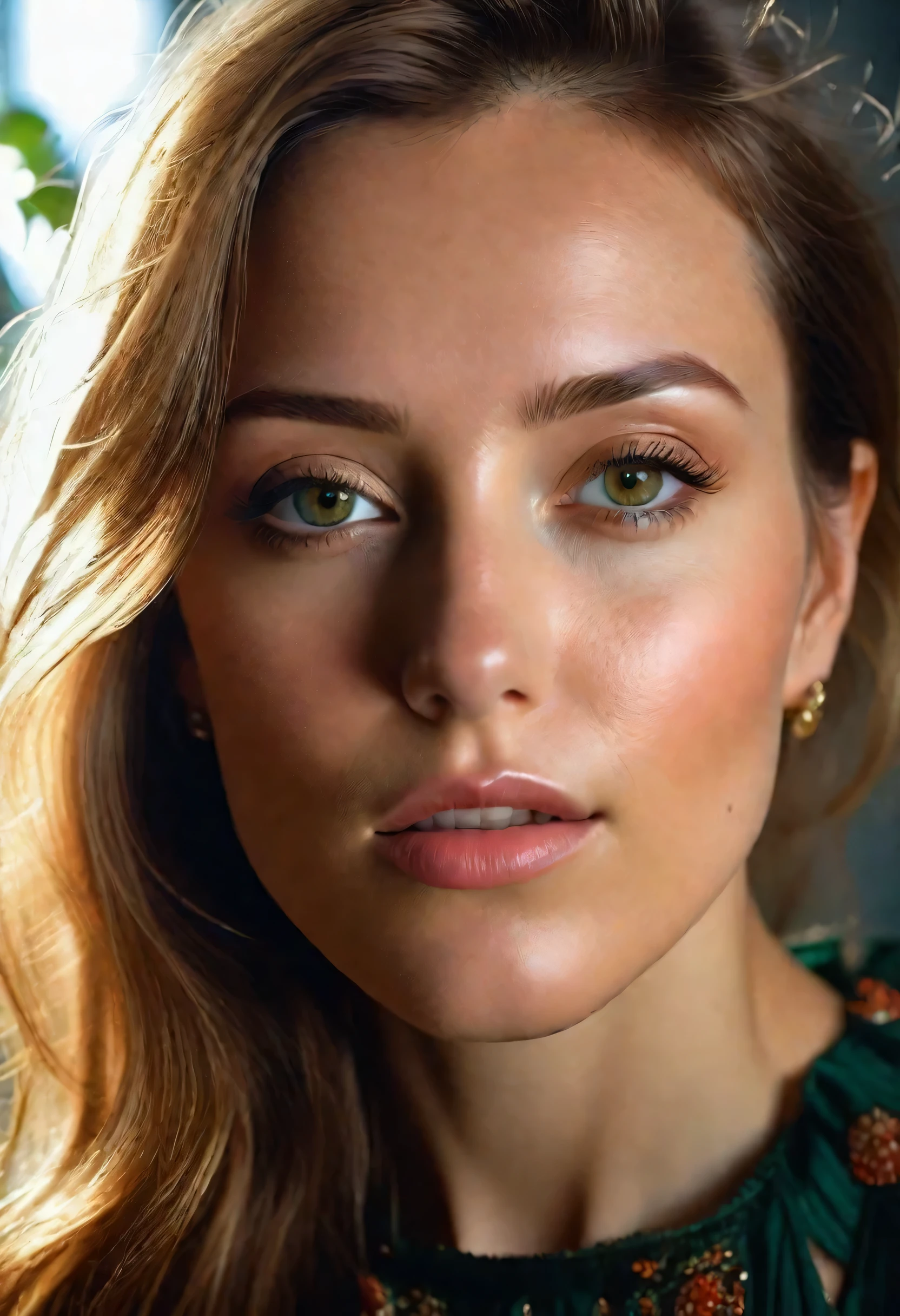 At a professional photo shoot, a young 30-year-old woman poses in front of the camera, fully immersed in the moment. She possesses Slavic features with a hint of Eastern exoticism, her dark brown eyes sparkling with admiration and confidence. Her athletic build and height, around 170-180 cm, are accentuated by a dark emerald dress that gracefully hugs her figure. Her dark blonde hair, shoulder-length, gently sways, adding dynamism to the image. The photographer captures every moment, using a Sony Alpha ILCE-7RM4 camera with an FE 24-105mm F4 G OSS lens, ensuring the image is of exceptional quality with rich detail and vivid colors. The light pouring onto the scene perfectly highlights every feature, creating a portrait that captures the essence of the moment and the uniqueness of the personality.