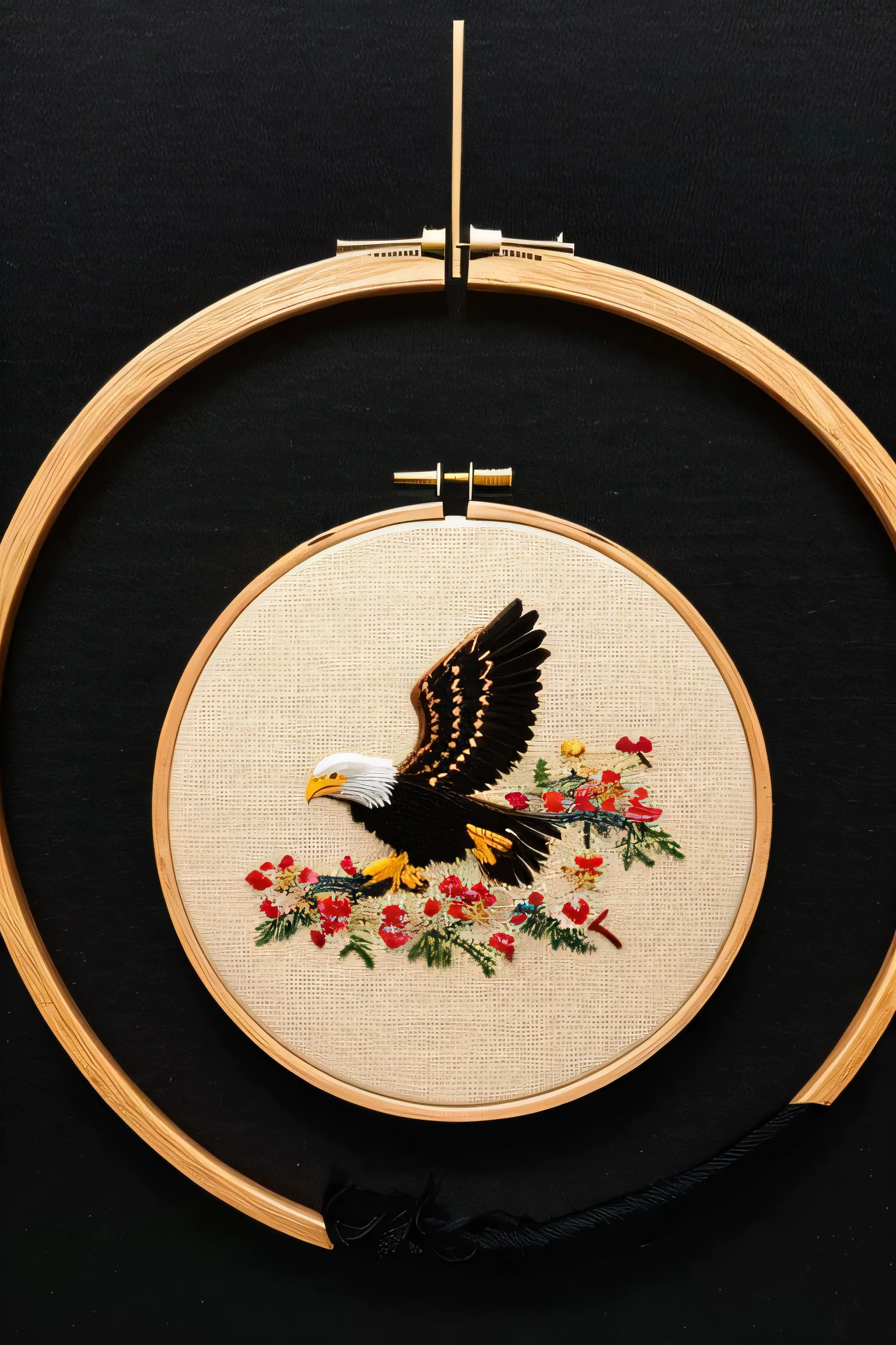 Simple embroidery with eagle, gold black brown and red Embroidery thread, black background, on embroidery frame