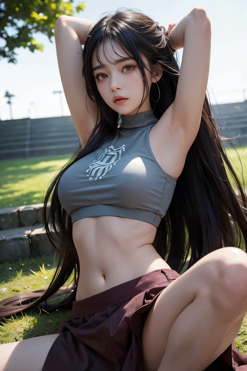 1girl, alone, gazing at the audience, blushing deeply with a pained expression, her body contorted in agony as she let out a moan, sweating profusely in the outdoors, her midriff bared for all to see, her legs splayed out on her knees, hips raised high, grass stains adorning her garment, arms lying lifelessly on the ground, her face turned toward the audience with a look of pure panic and fear etched across her anime-style features, her long, flowing hair spread out around her, her head turned slightly to the side as if trying to make sense of the situation before her. The scene was rendered in breathtaking