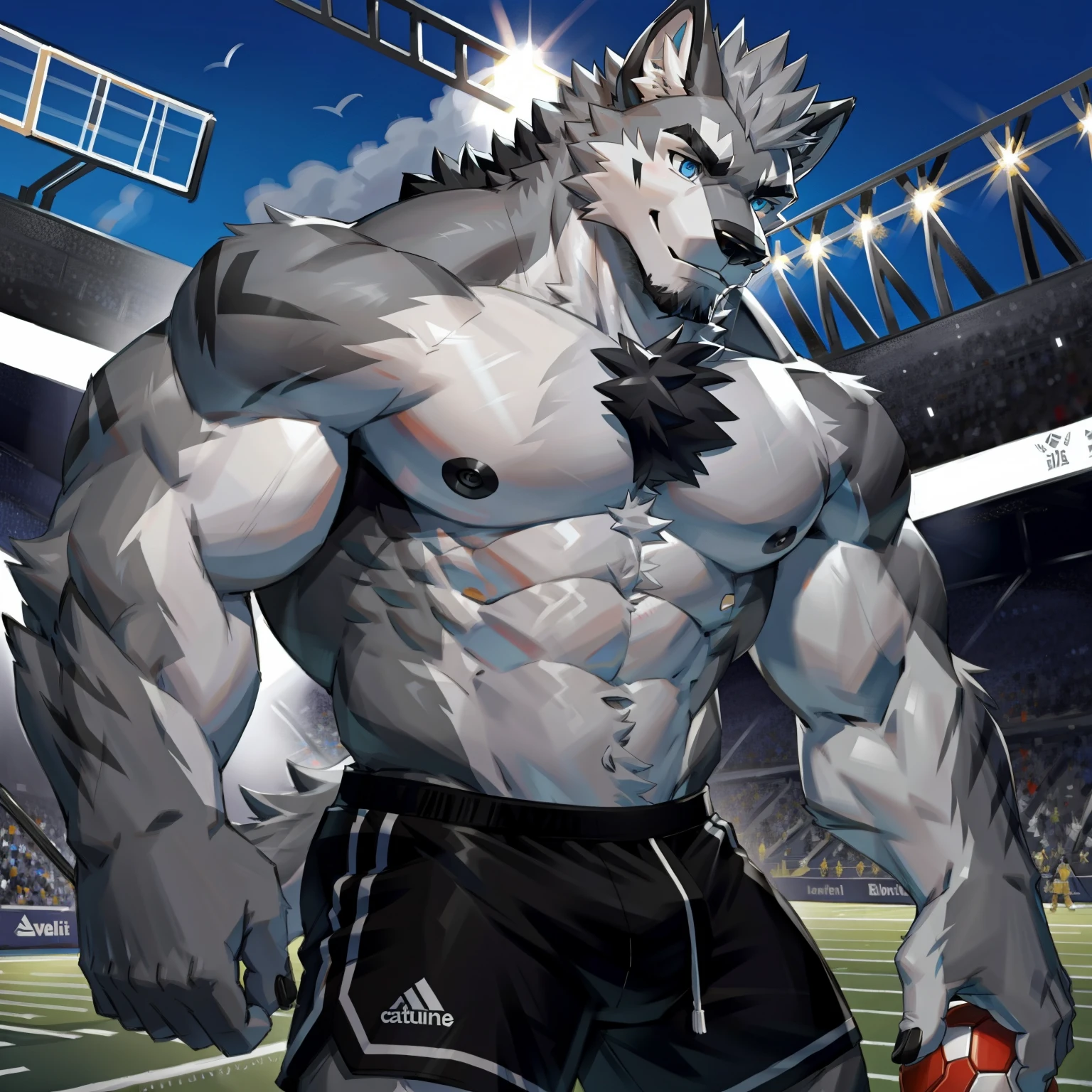 tmasterpiece,Best quality at best,Detailed background nj5 hairy,rays of sunshine, Alone,solofocus,male,Male focus,Humanity,wolf,(sport:1.5), (Gray fur,,Black eyebrows:1.5),Elaborate Eyes,detailed eyes,agate eyes,five fingers, Wear only shorts yaoi,Strong body,Majesty,Revealing eight-pack abs and two thick chest muscles,showing nipple