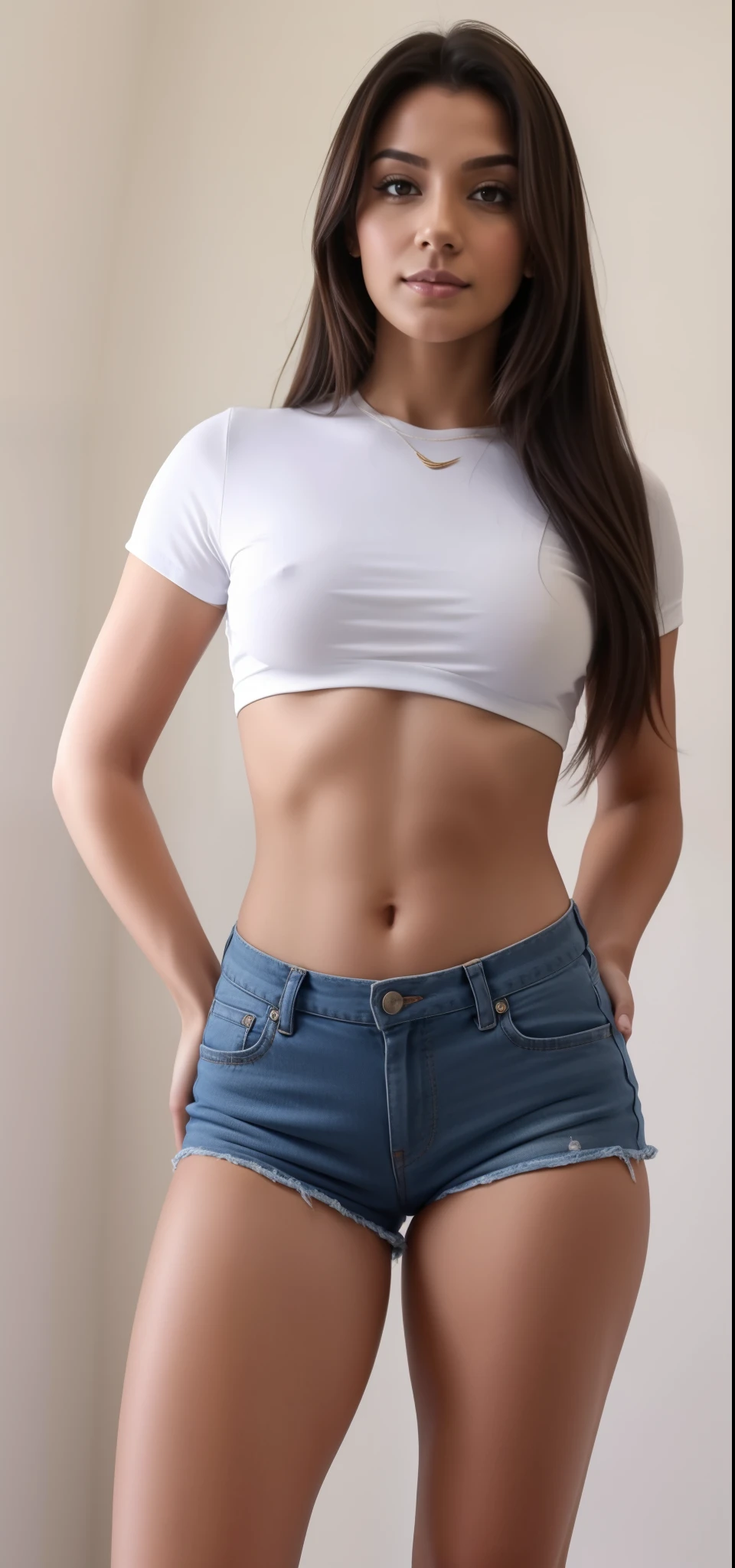 um close up de uma mulher de shorts curtos posando para uma foto, crop shirt and strong abdomen,  apta, corpo sensual com barriga sexy, sweaty abdomen, linda barriga, with abdomen, Modelo de fitness, umbigo aparecendo, abdomen, corpo tonificado, [ rigidly defined abdomen ]!!, her belly button is exposed