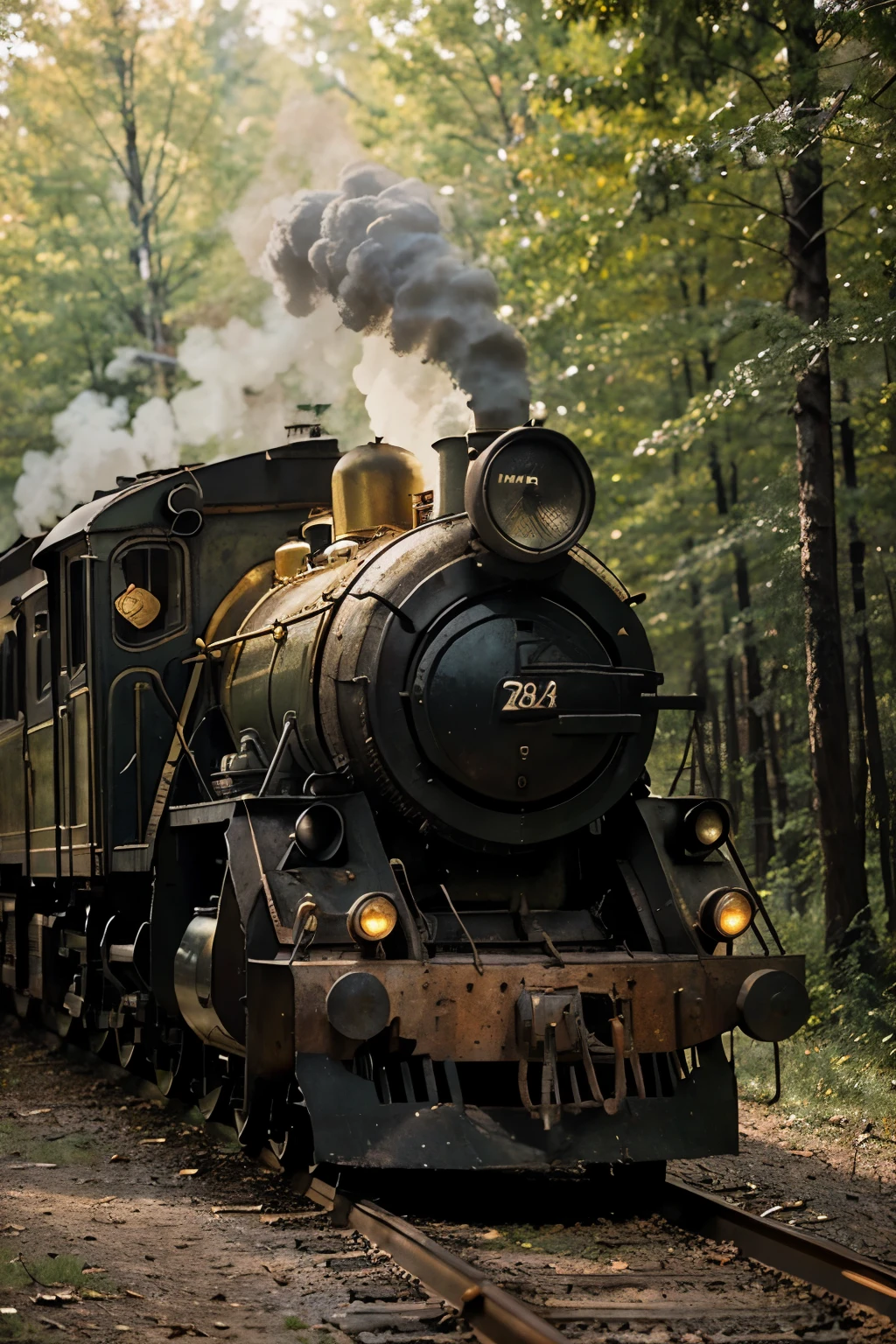 (Best quality, Ultra detailed, Golden ratio, Masterpiece:1.2), Theatrical lighting:0.7, Vintage photograph of a forgotten old locomotive in the woods, captured in a breathtaking cinematic style. The image features intricate details and realist textures, showcasing the wear and tear of the train over time. The colors are beautifully captured in a colorful drypoint etching, creating a mesmerizing visual experience. The muted tones add to the nostalgic and vintage atmosphere of the scene, transporting the viewer to a bygone era. With a shallow depth of field, the focus is precisely on the locomotive, emphasizing its forgotten beauty amidst the serene and enchanting woods. This highly detailed and award-winning photograph is a true masterpiece, showcasing