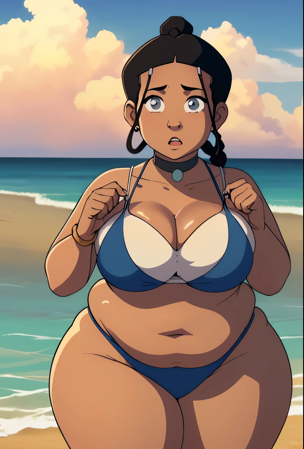 Masterpiece, best quality, 1girl, overweight, Katara, adult, chubby figure, lush cleavage, tanned skin, jewelry, looking at viewers, torso, beach background, sunshine, sky, cloud,(( long open black hair)), (((overweight))), chubby belly, wide hips, big breasts. water tribe bikini. fat. curvy. 