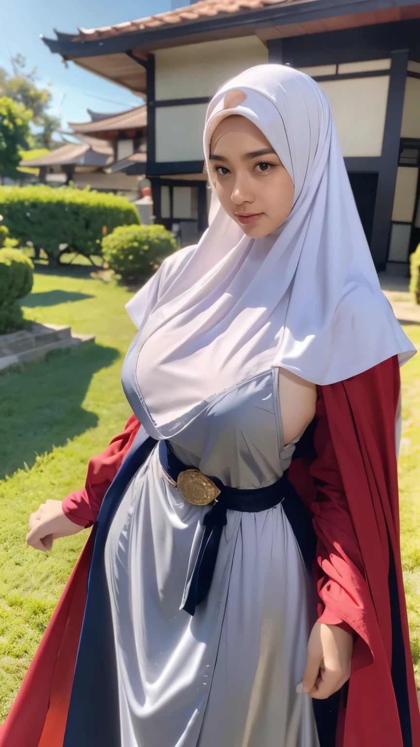 Wearing a hijab , luxury hijab crown , black hair, Around , (golden silver hijab), masterpiece,highest quality,High resolution,8k,((portrait)),(Half body),original photo,real photos,digital photography,(medieval fantasy style girl princess), sexy princess , super huge breasts, round big breasts,((blush)),(medieval fantasy dress,beautiful super huge round breasts, small waist, Perfect big breasts with princess body, blue delicate pattern,red cloak),(prince medieval character medieval fantasy style,oc rendering reflection texture, fighting style, sexy big breasts , medieval castle background, because I'thin, very small waist, ((15 year old Japanese girl、cute type)), (((Beautiful breast shape)))