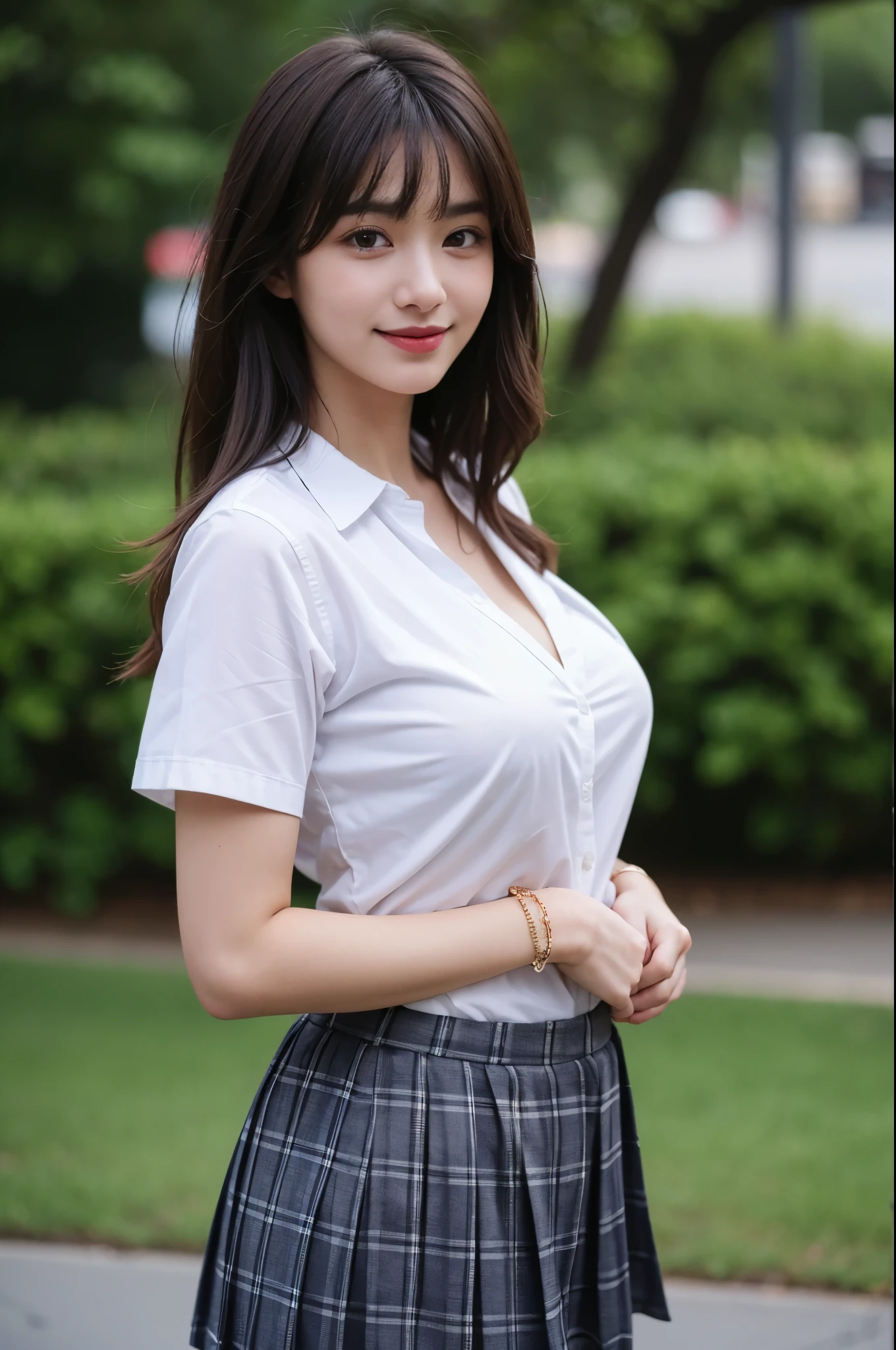 (highest quality, 8k, 32k), masterpiece, 超High resolution, (realistic: 1.4), RAW photo、masterpiece、very delicate and beautiful、light smile、highest quality、Super detailed、High resolution、very detailed、sexy pictures,1girl, big breasts, big breasts, black hair, bangs, long hair (long hair: 1.4),long hair, 19 years old, NSFW, 8k RAW photo, highest quality, masterpiece, 超High resolution, film grain, movie, 1 girl, looking at the viewer, natural skin texture, Realistic eye and face details, full lips, lipstick, (compensate), red eyeshadow, fluffy short hair, messy hair, smile, close your mouth, beautiful foot, tall woman, skinny, slim_foot, alone, huge breasts, cleavage, buttを自分に向けたポーズ, super short skirt, butt, shirt, beautiful natural location, around flowers location, (detailed background), plaid skirt, white shirt, huge breasts, cleavage, Show a little cleavage through the shirt, loafers, blurry background, blurry, holding, plaid, short sleeve, jk ribbon on the neck, jk ribbon, brown hair, bracelet, water, bangs, , jewelry, parted lips, lips, From the side, pleated skirt, Depth of the bounds written, beautiful fingers, beautiful hands, fingertip, nail, arms behind back,