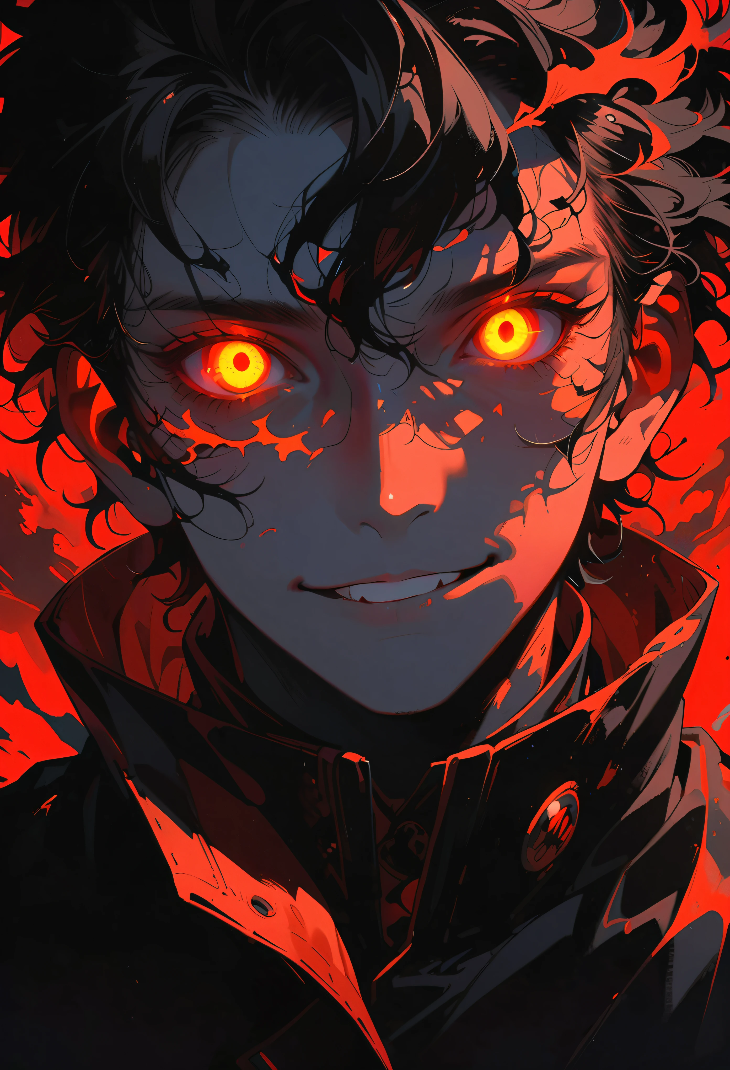 solo, looking at viewer, smile, 1boy, jacket, monochrome, male focus, parted lips, glowing, portrait, glowing eyes, spot color, high collar, glowing eye, red theme ,anime type and high details