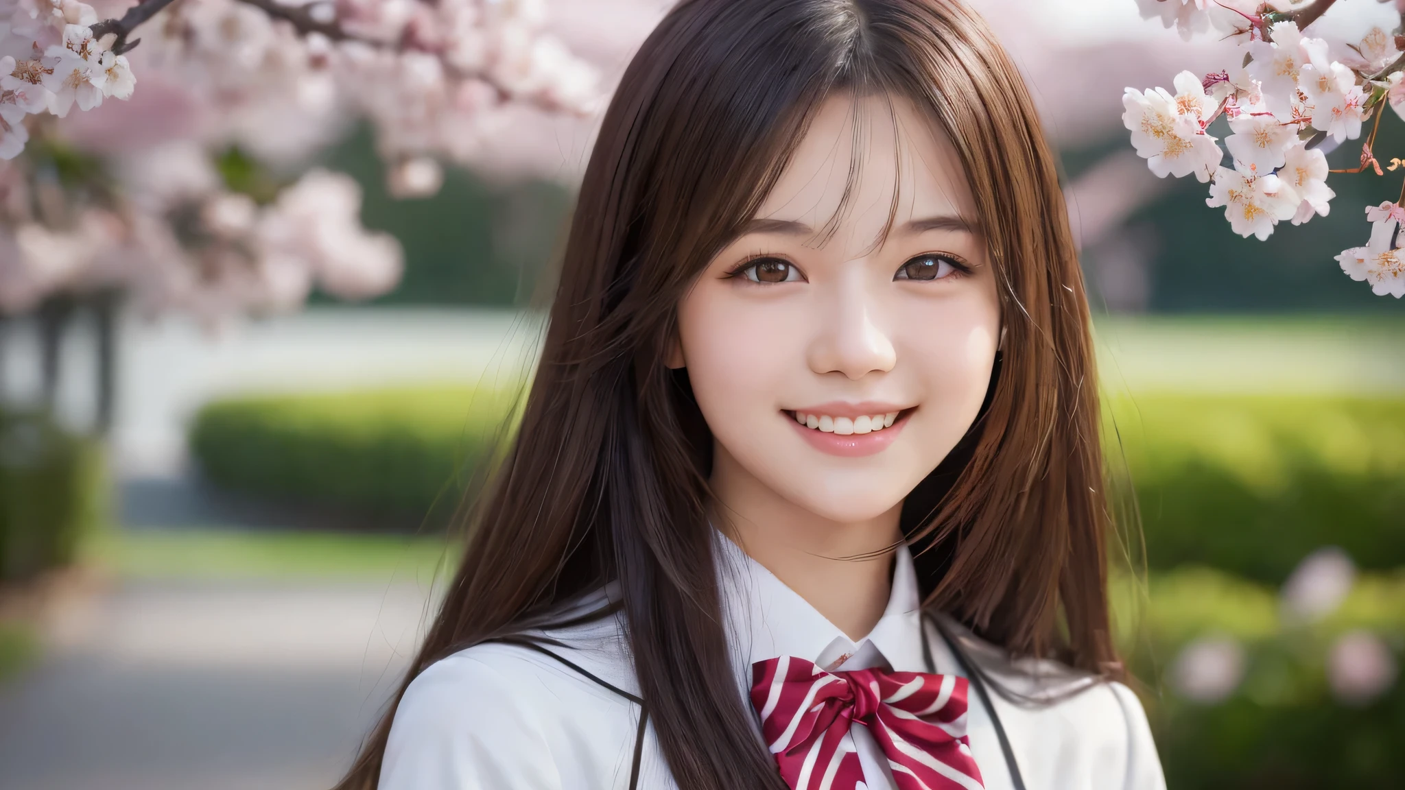 1girl, (long hair), cute smile, brown eyes, (highly detailed Beautiful face), (high school uniform:1.2), (Best Quality), (extremely detailed CG unified 8k wallpaper), Highly detailed, High-definition raw color photos, Professional Photography, Realistic portrait, evening, Extremely high resolution, smiling, cherry blossoms,