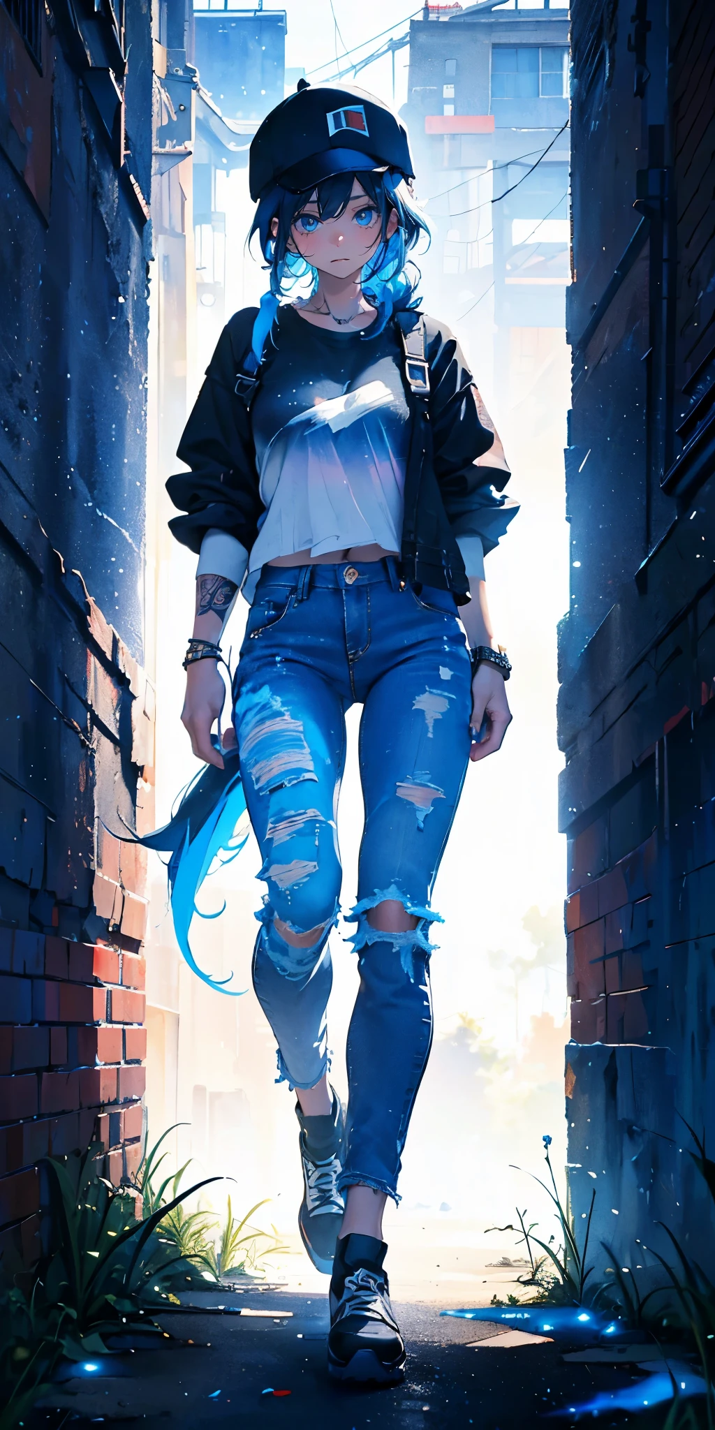 (masterpiece), (best quality), a woman in ripped jeans a blue cap and ripped jeans showing a tattoo, 1girl, hat, denim, solo, torn clothes, pants, ((black hair)), (blue hair), (gradient hair :1.3), baseball cap, outdoors, braid, torn pants, jeans, all star tennis, dynamic angle, ((provoking)),