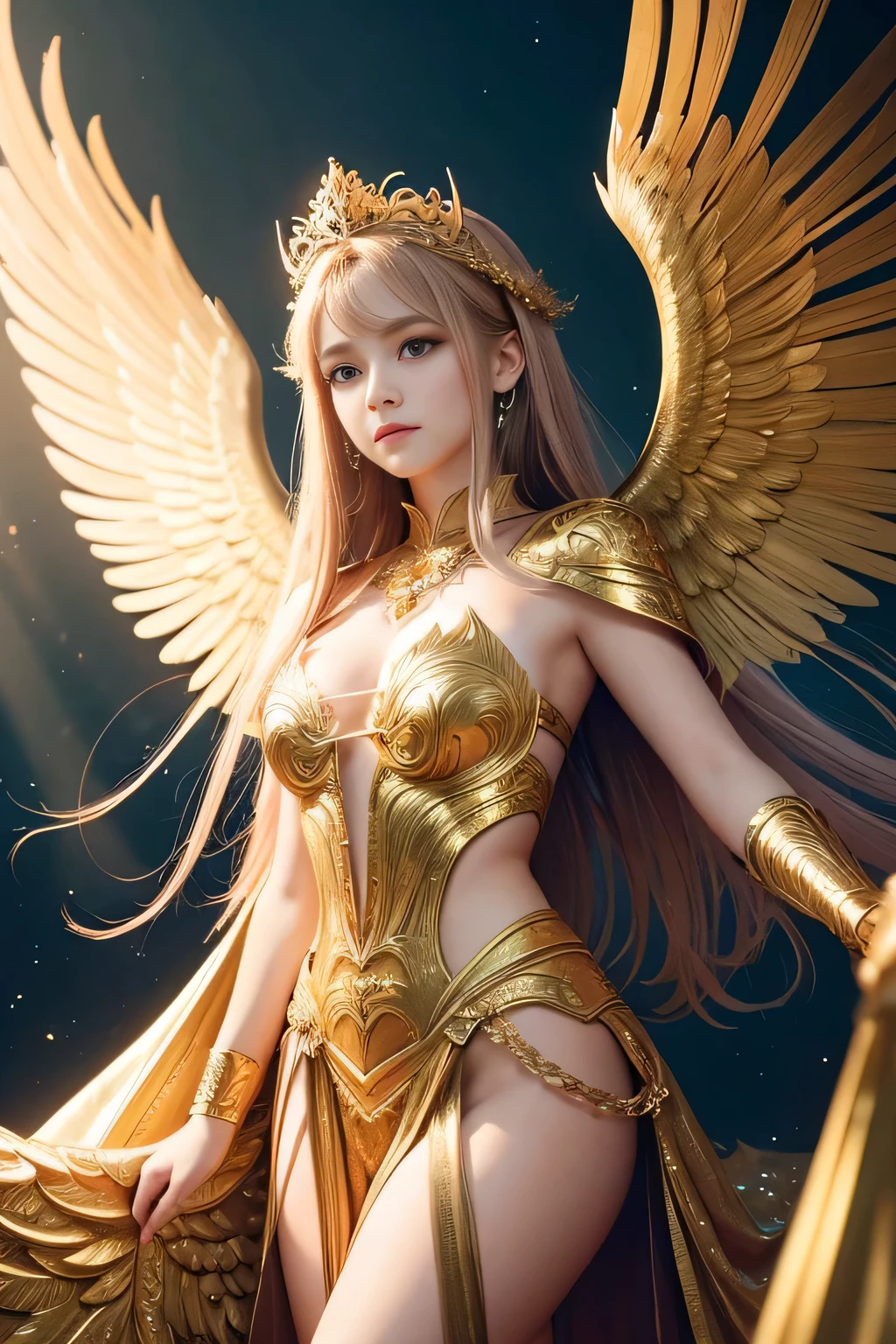 A girl with angelic wings, wearing an elaborate golden crown, basking in a bright golden light. Her wings are feathery and divine, adding a touch of ethereal beauty to the scene. The colors are vibrant and rich, creating a mesmerizing and dreamlike atmosphere. The artwork has a fantasy style with intricate details reminiscent of a painting. The overall color palette is dominated by warm and glowing tones, enhancing the magical ambiance.