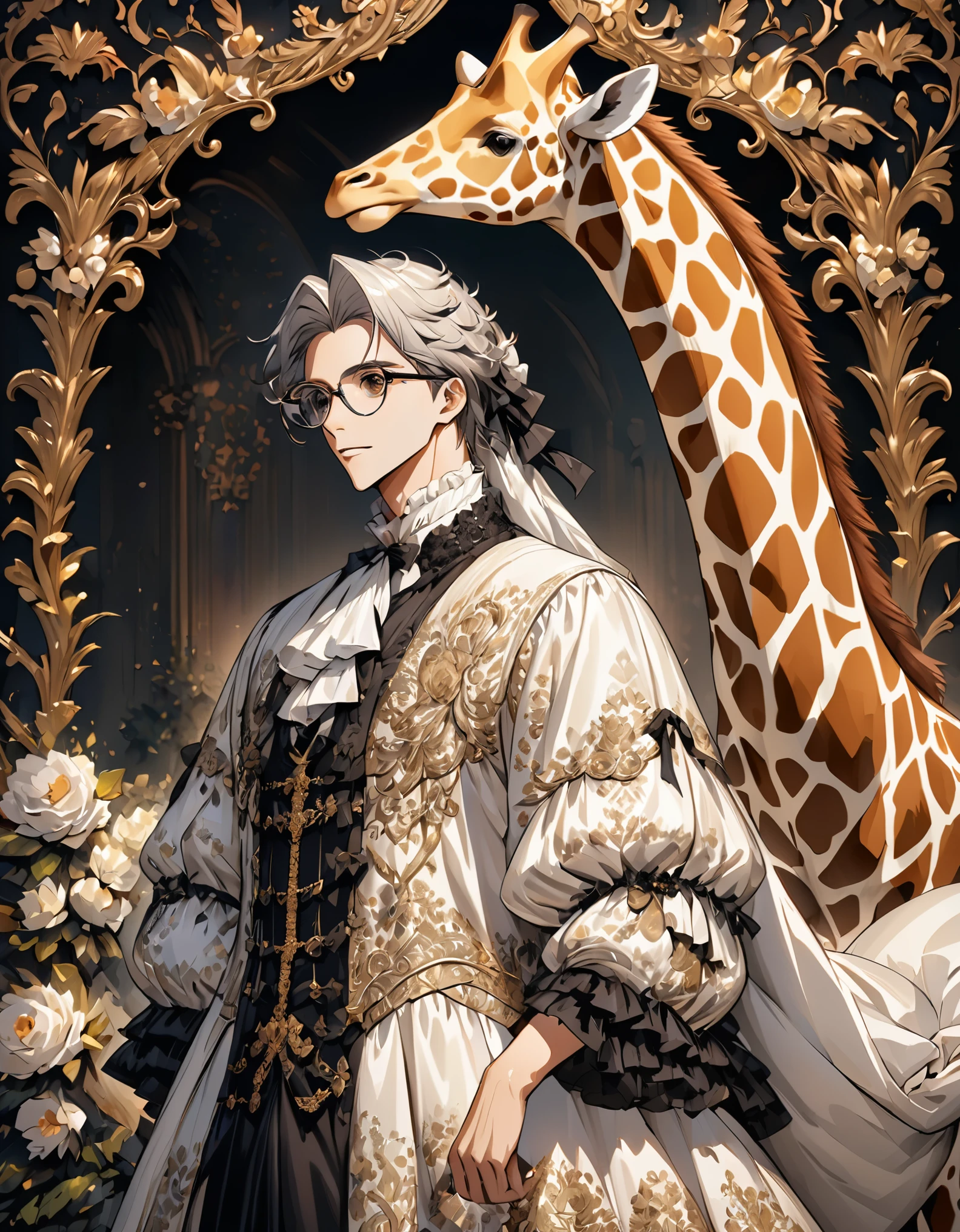animal anthropomorphism giraffe, (cowboy shot), Wearing luxury sack-back gown, Old-fashioned glasses, detailed and opulent description of a male aristocrats sack-back gown in Rococo style, emphasizing luxurious fabrics, intricate embroidery, and ornate accessories, Rococo style background